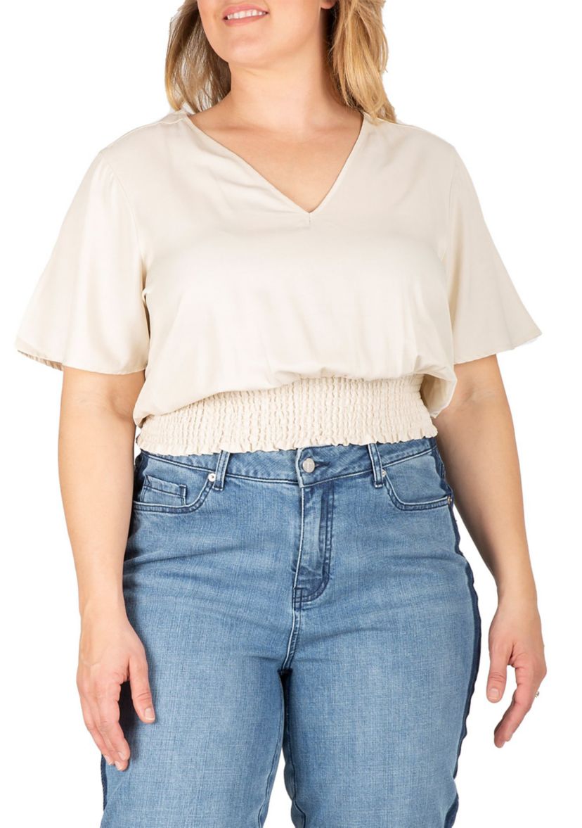 Women Plus Size V Neck Short Sleeve Smocking Waist Blouse