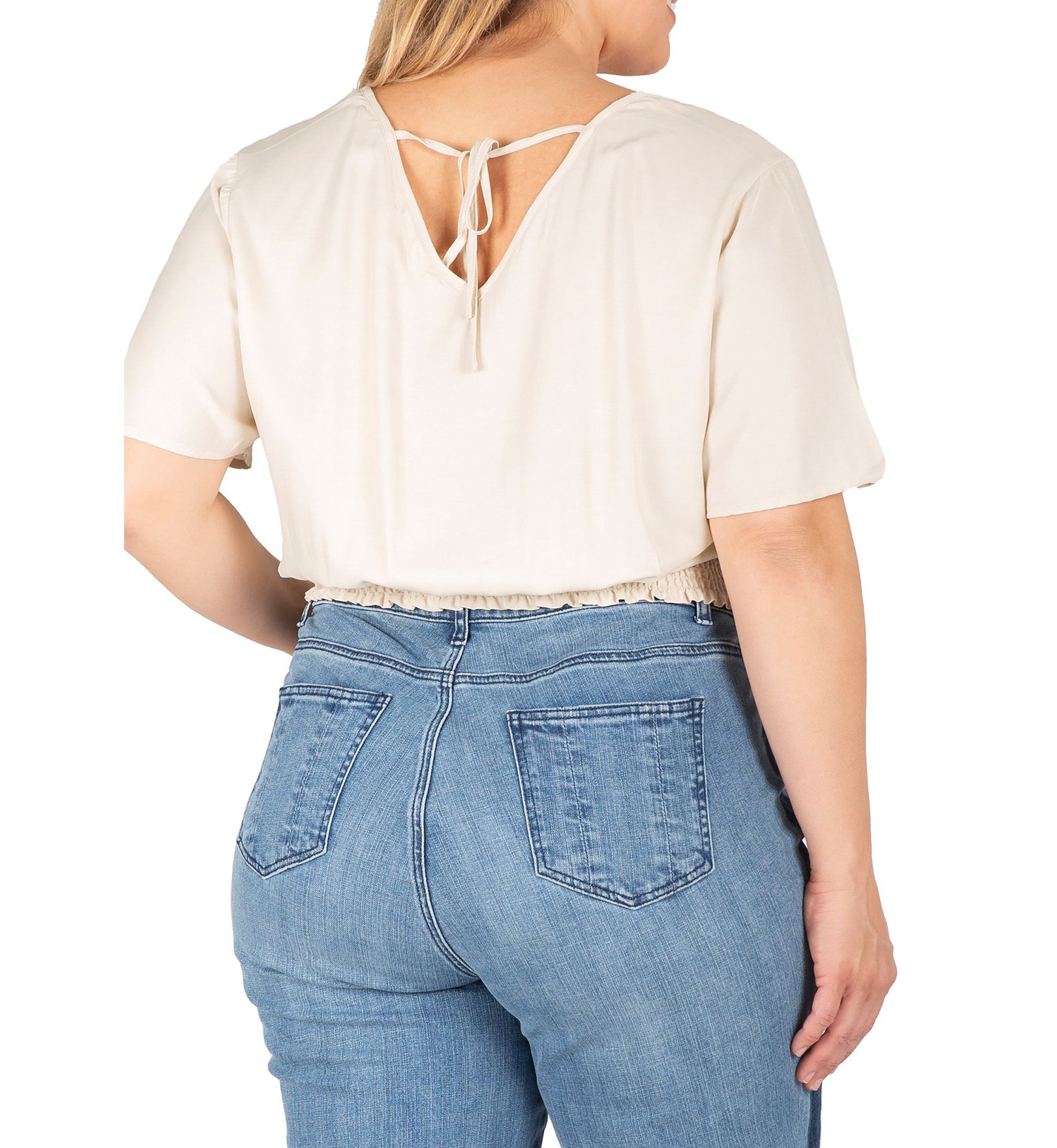 Women Plus Size V Neck Short Sleeve Smocking Waist Blouse