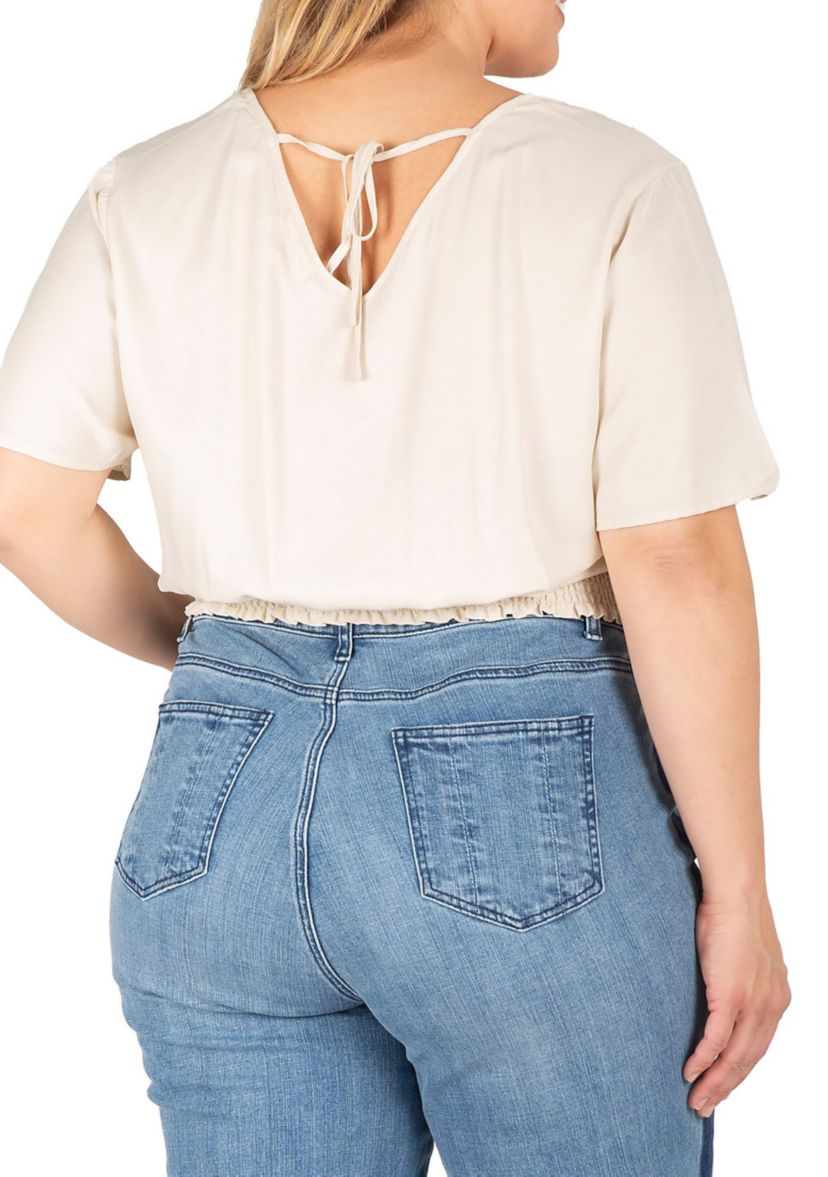 Women Plus Size V Neck Short Sleeve Smocking Waist Blouse