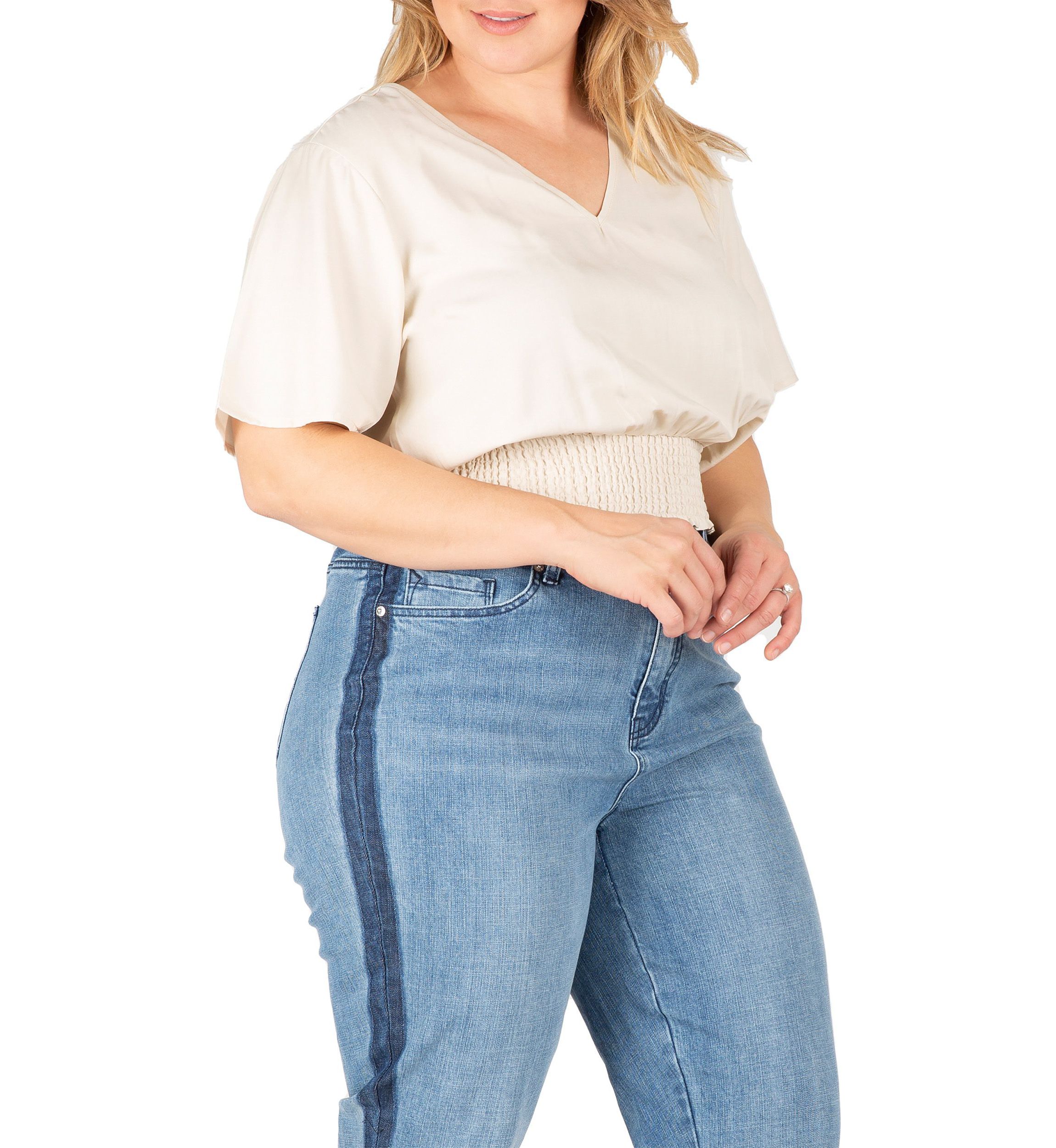 Women Plus Size V Neck Short Sleeve Smocking Waist Blouse