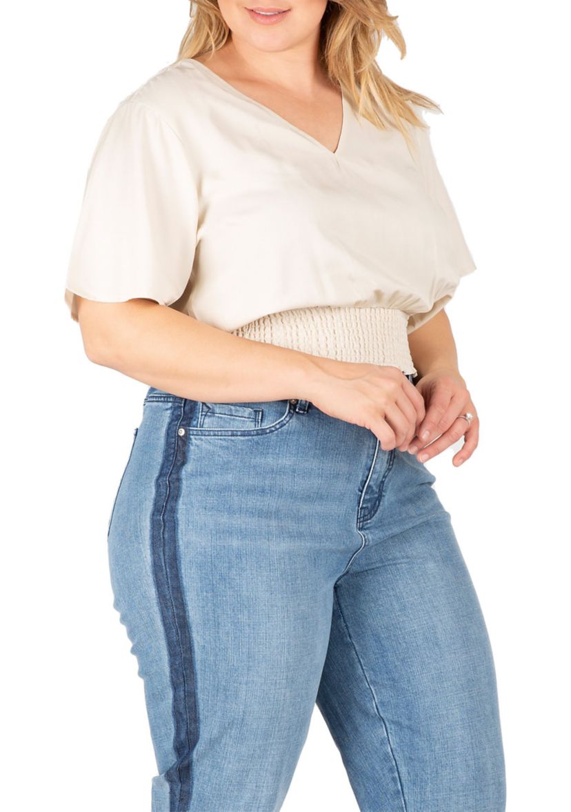 Women Plus Size V Neck Short Sleeve Smocking Waist Blouse