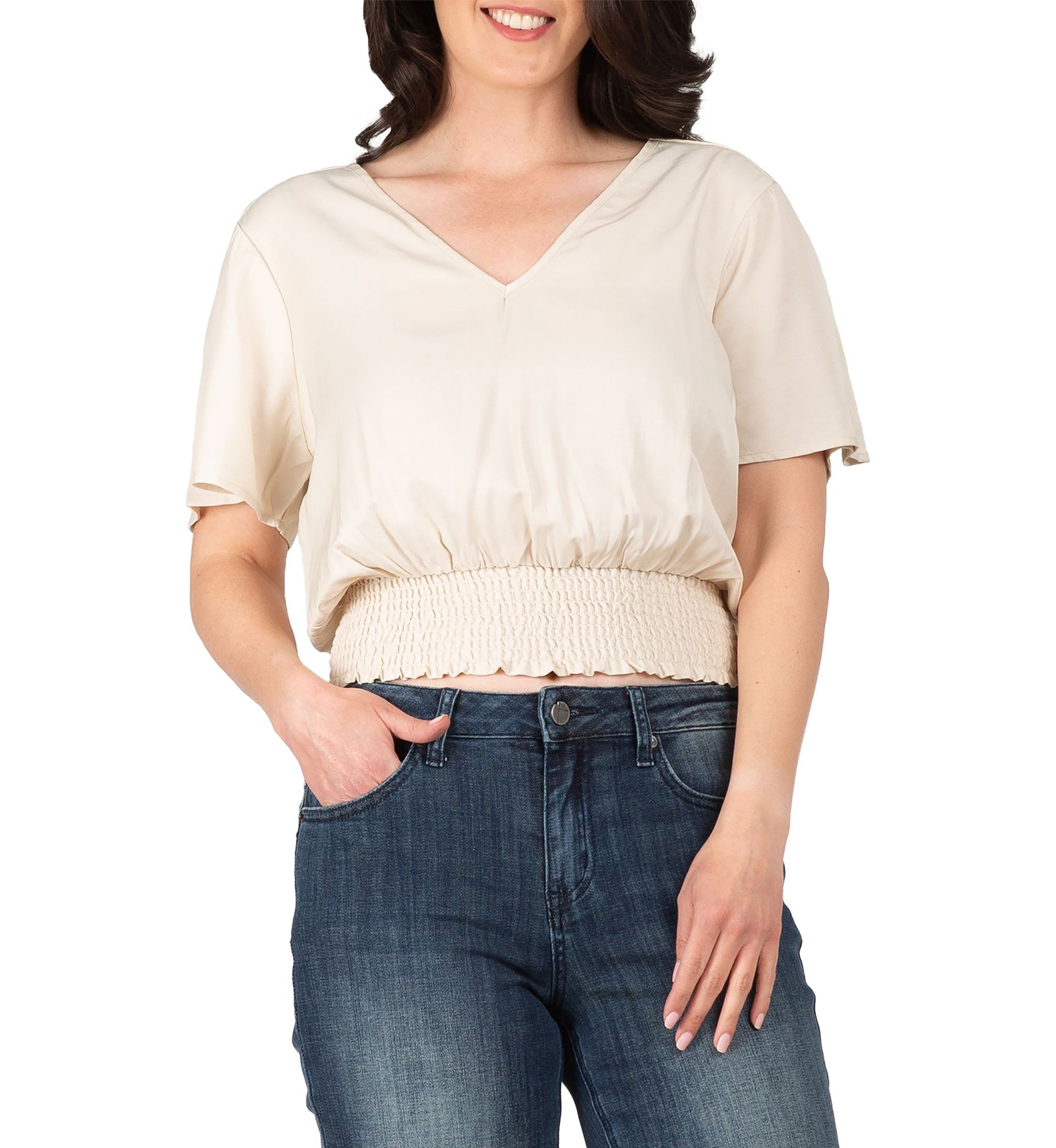 Women V Neck Short Sleeve Smocking Waist Blouse