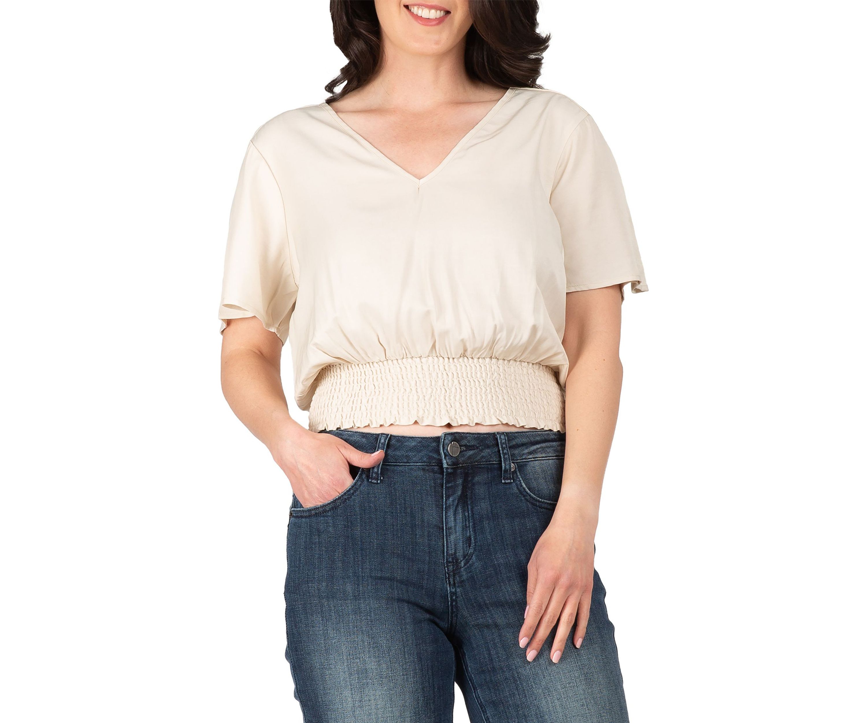 Women V Neck Short Sleeve Smocking Waist Blouse