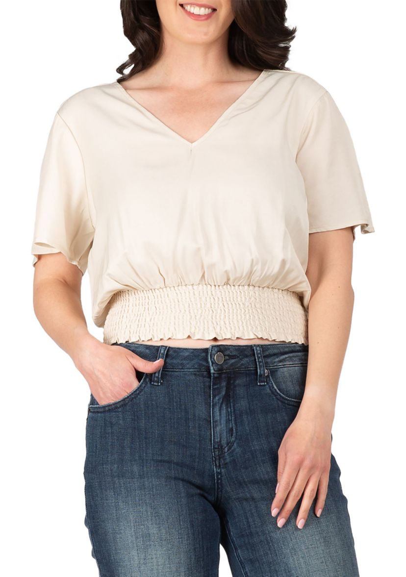 Women V Neck Short Sleeve Smocking Waist Blouse