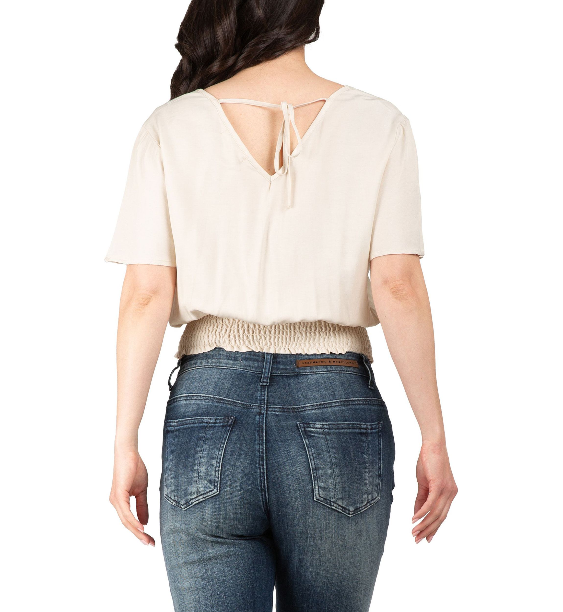Women V Neck Short Sleeve Smocking Waist Blouse