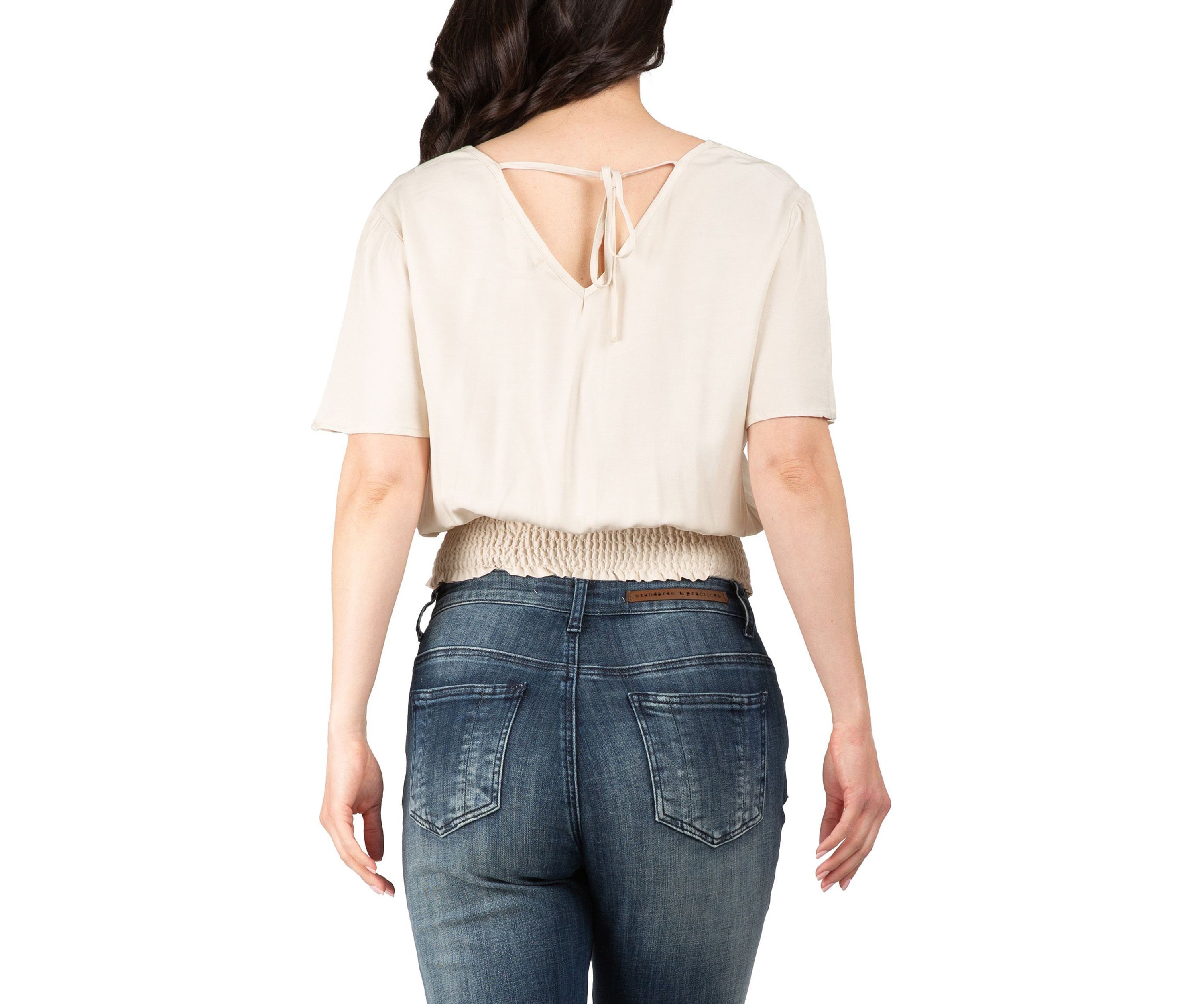 Women V Neck Short Sleeve Smocking Waist Blouse