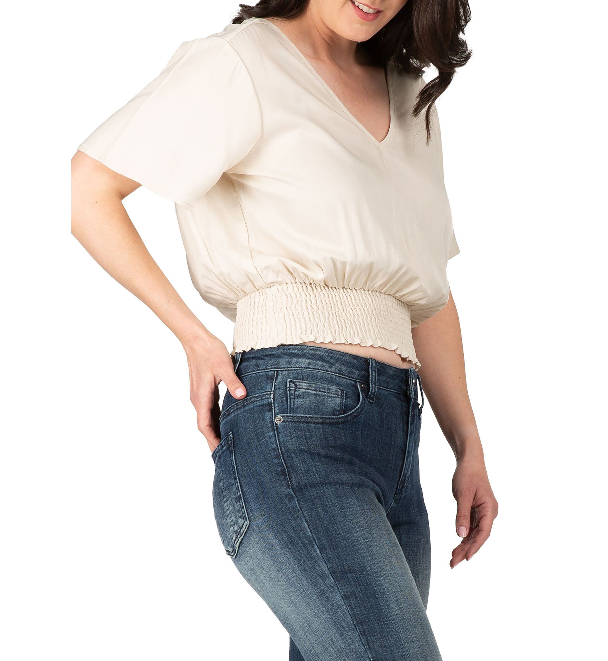 Women V Neck Short Sleeve Smocking Waist Blouse