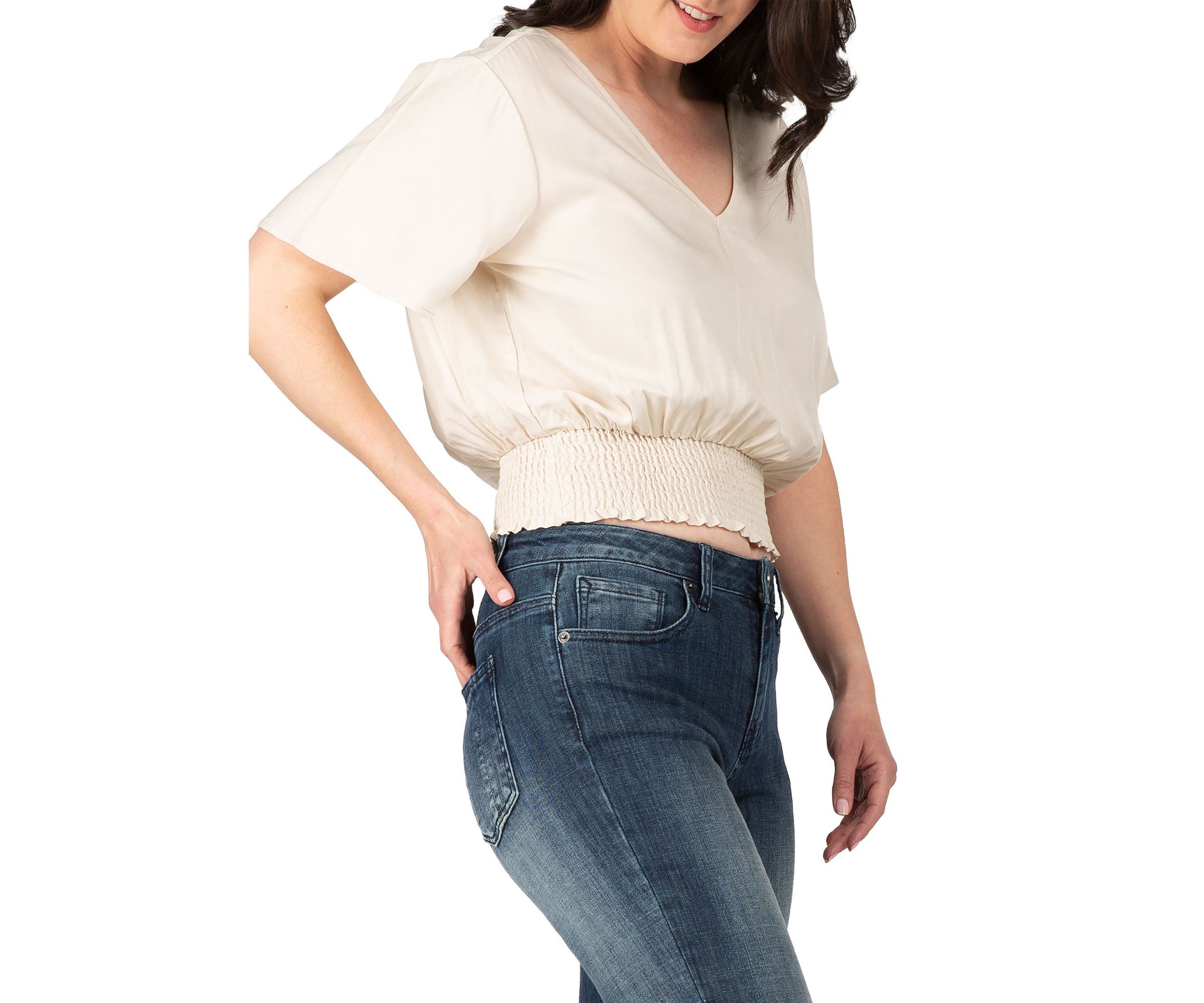 Women V Neck Short Sleeve Smocking Waist Blouse