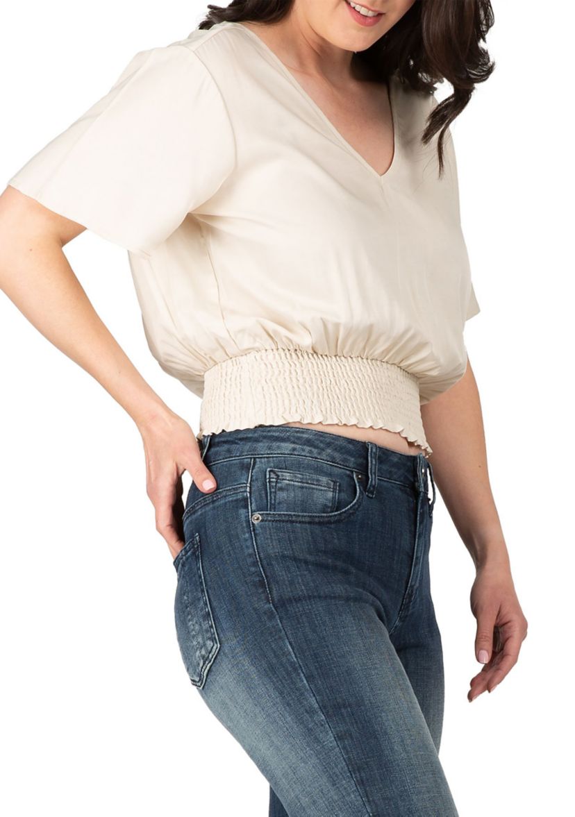 Women V Neck Short Sleeve Smocking Waist Blouse