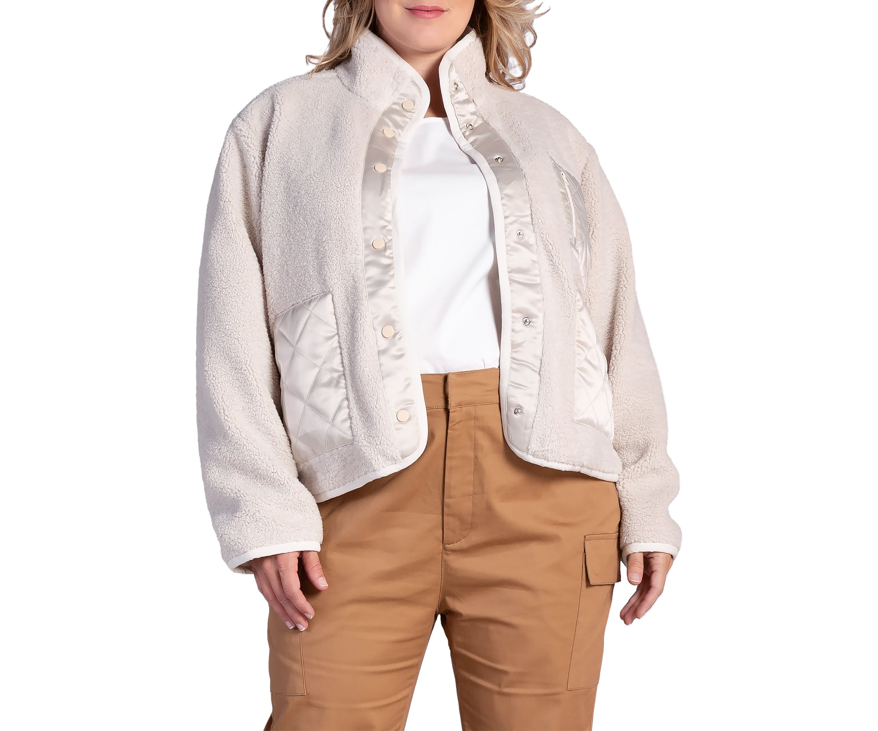 Plus Size Embroidered Dog Patch Pocket Sherpa Jacket