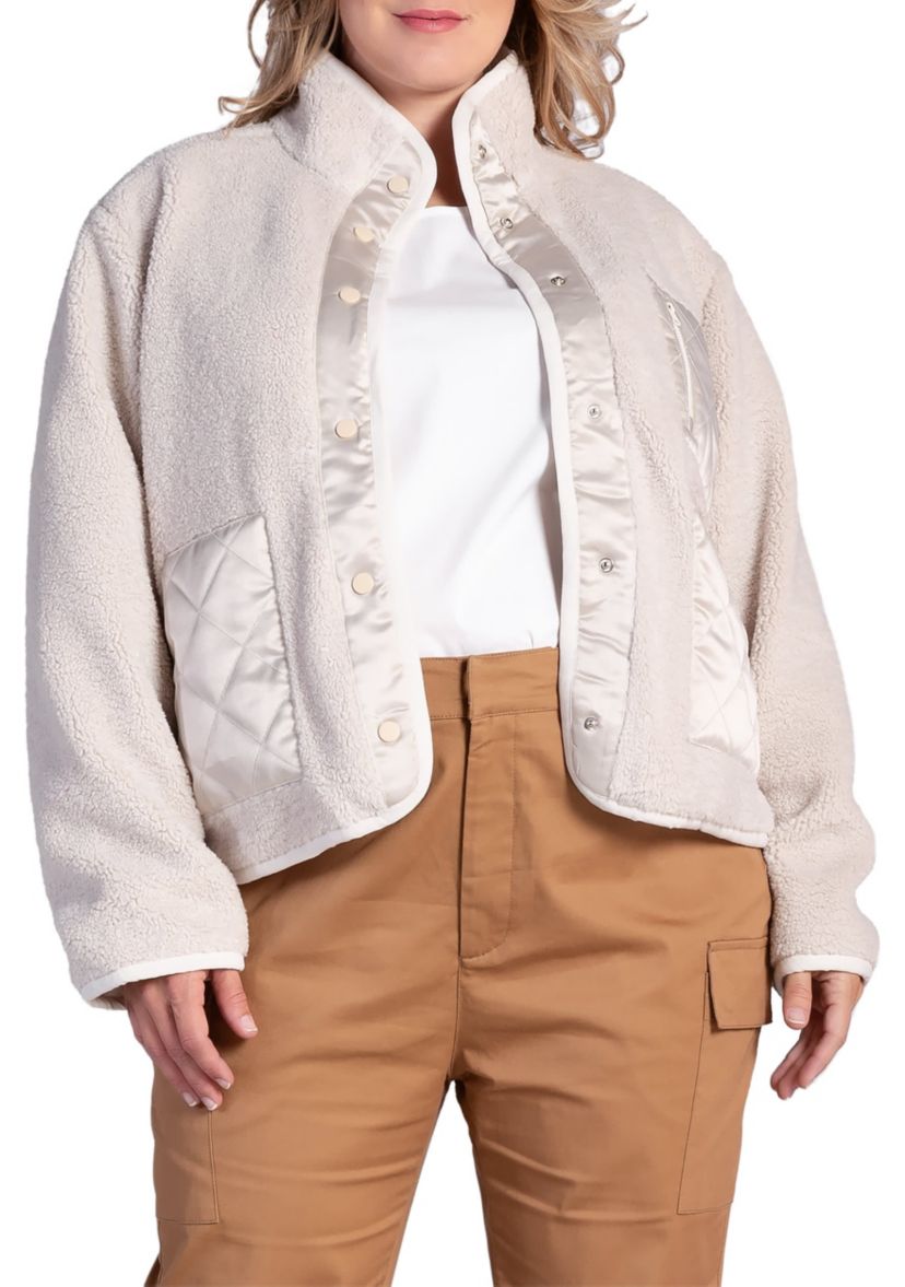Plus Size Embroidered Dog Patch Pocket Sherpa Jacket