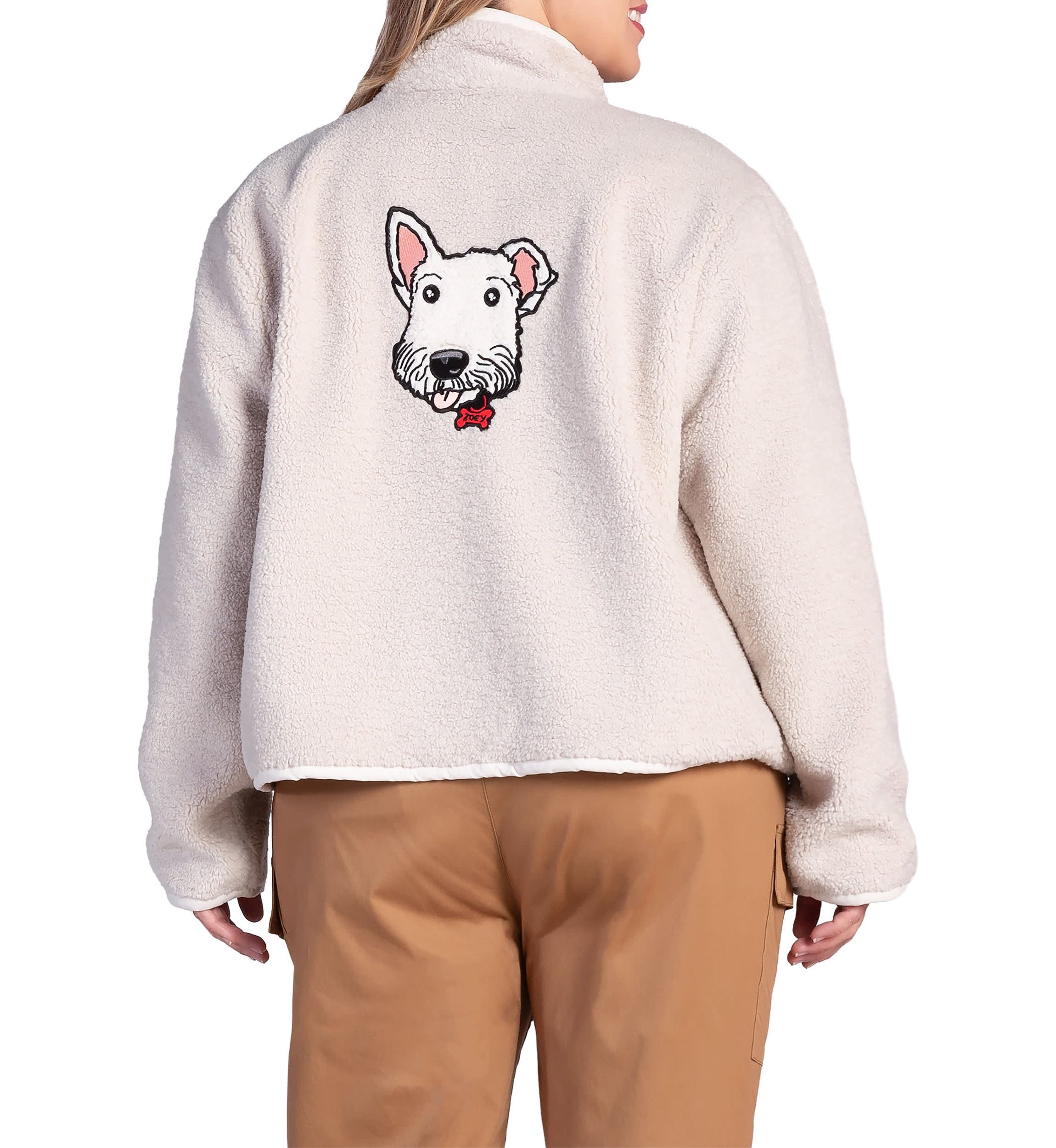 Plus Size Embroidered Dog Patch Pocket Sherpa Jacket