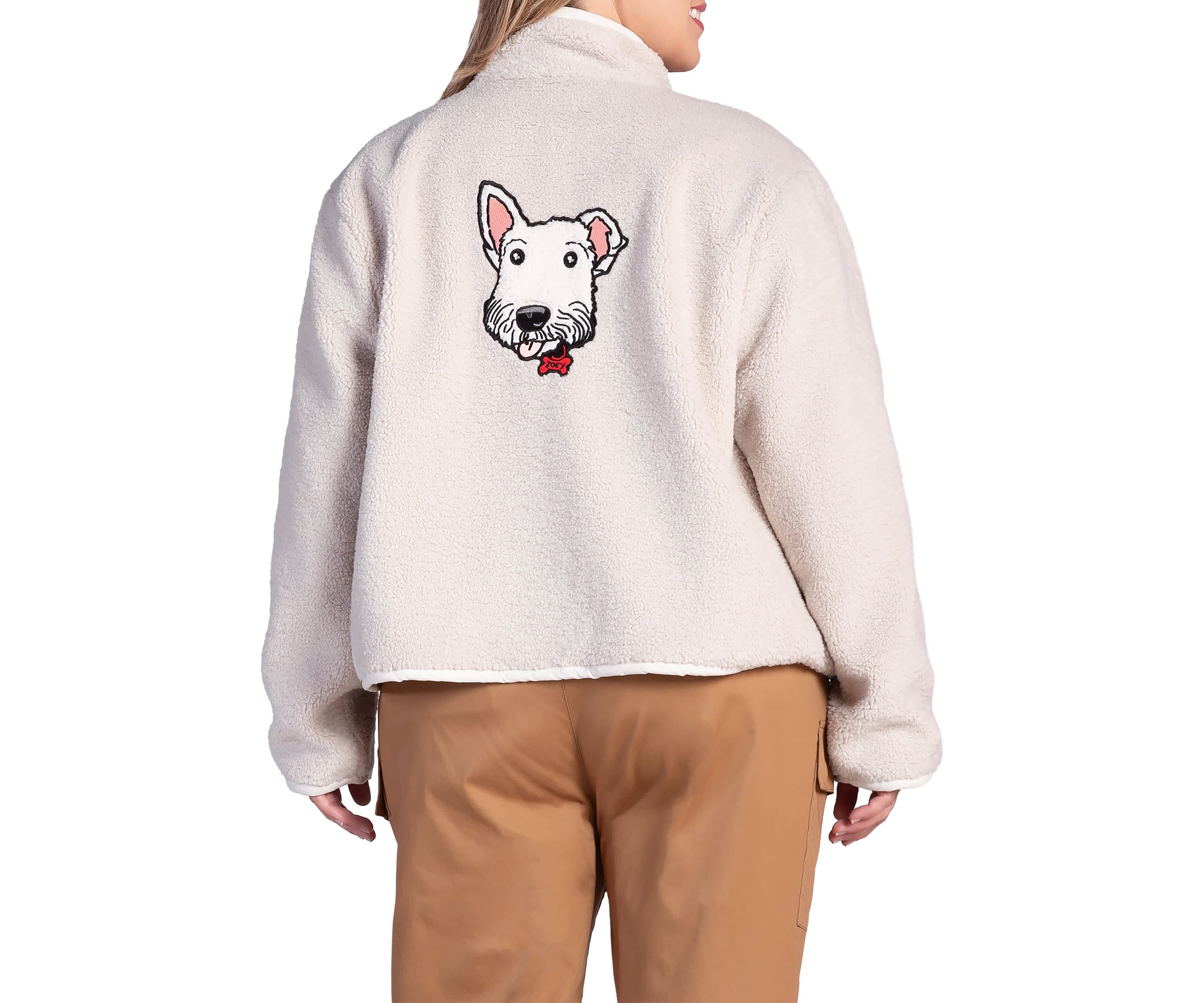 Plus Size Embroidered Dog Patch Pocket Sherpa Jacket