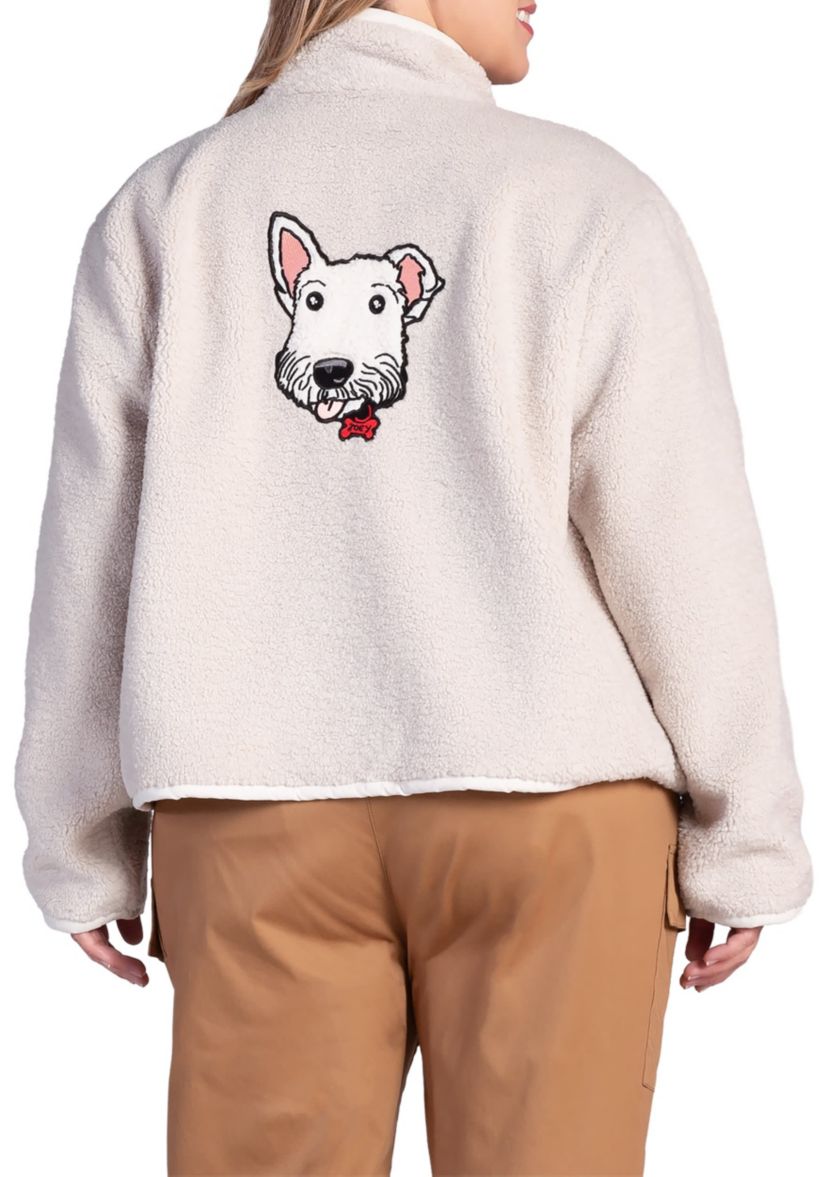 Plus Size Embroidered Dog Patch Pocket Sherpa Jacket