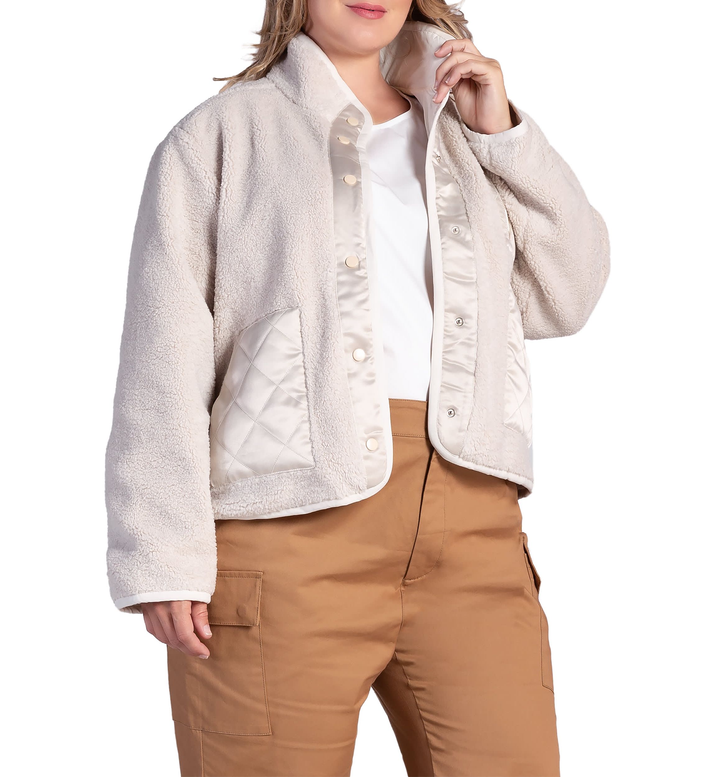 Plus Size Embroidered Dog Patch Pocket Sherpa Jacket