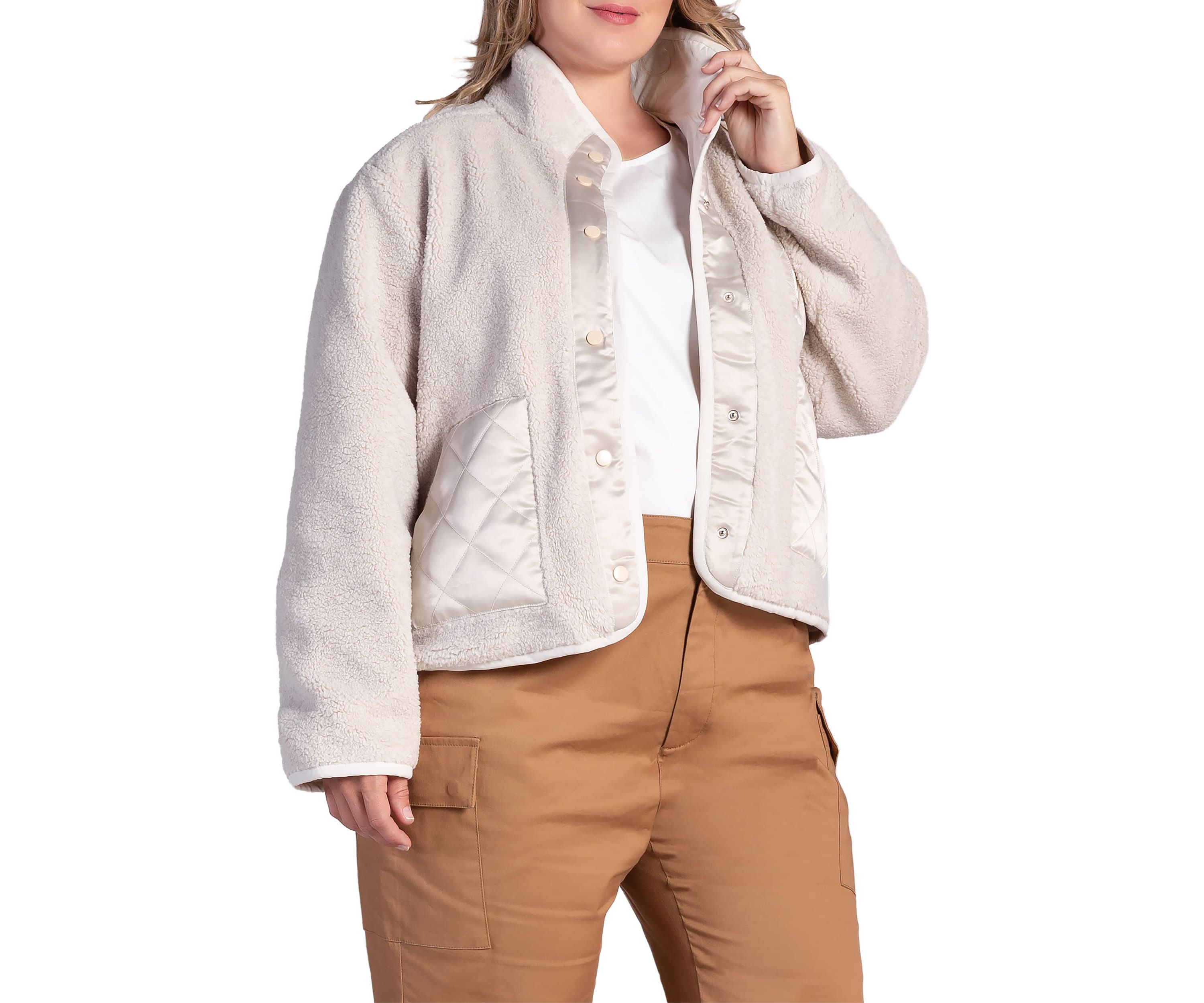 Plus Size Embroidered Dog Patch Pocket Sherpa Jacket