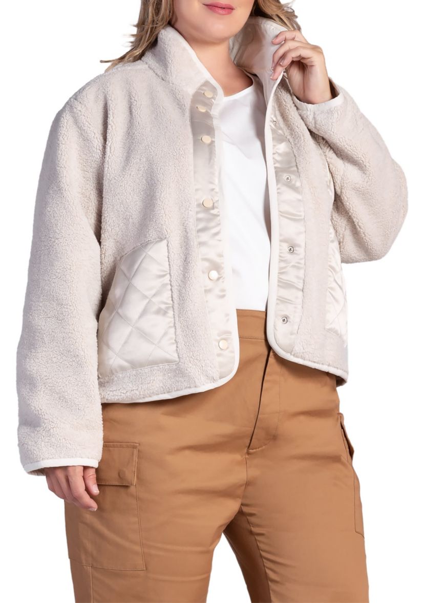 Plus Size Embroidered Dog Patch Pocket Sherpa Jacket