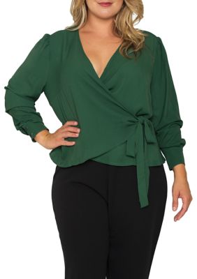 Standards and Practices Women's Plus Size Elise Floral-Print Tie Long Sleeve Blouse, Green, 2X