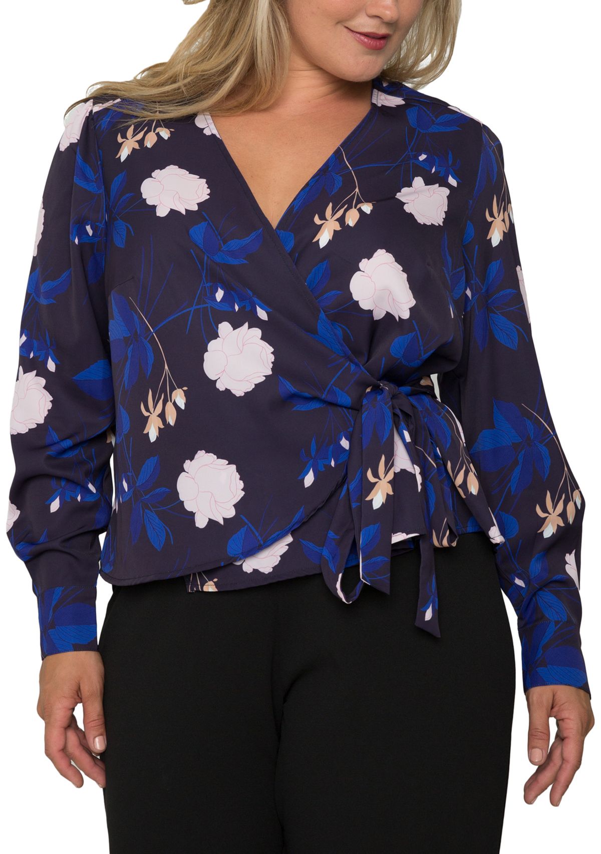 Plus Size Elise Floral-Print Tie Long Sleeve Blouse