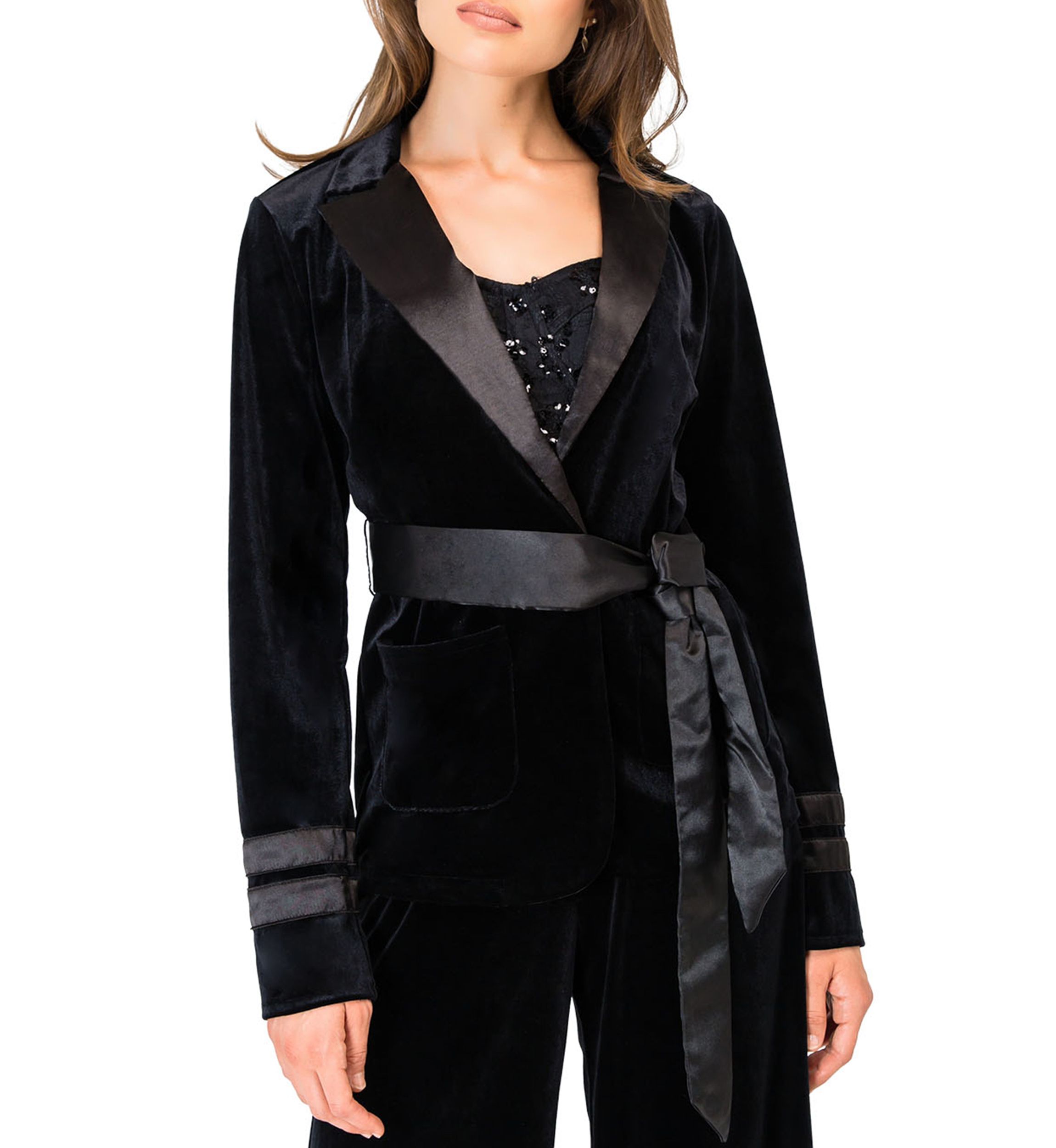 Womens Lottie Stretch Velvet Wrap Smoking Jacket with Satin Lapel and Satin Belt