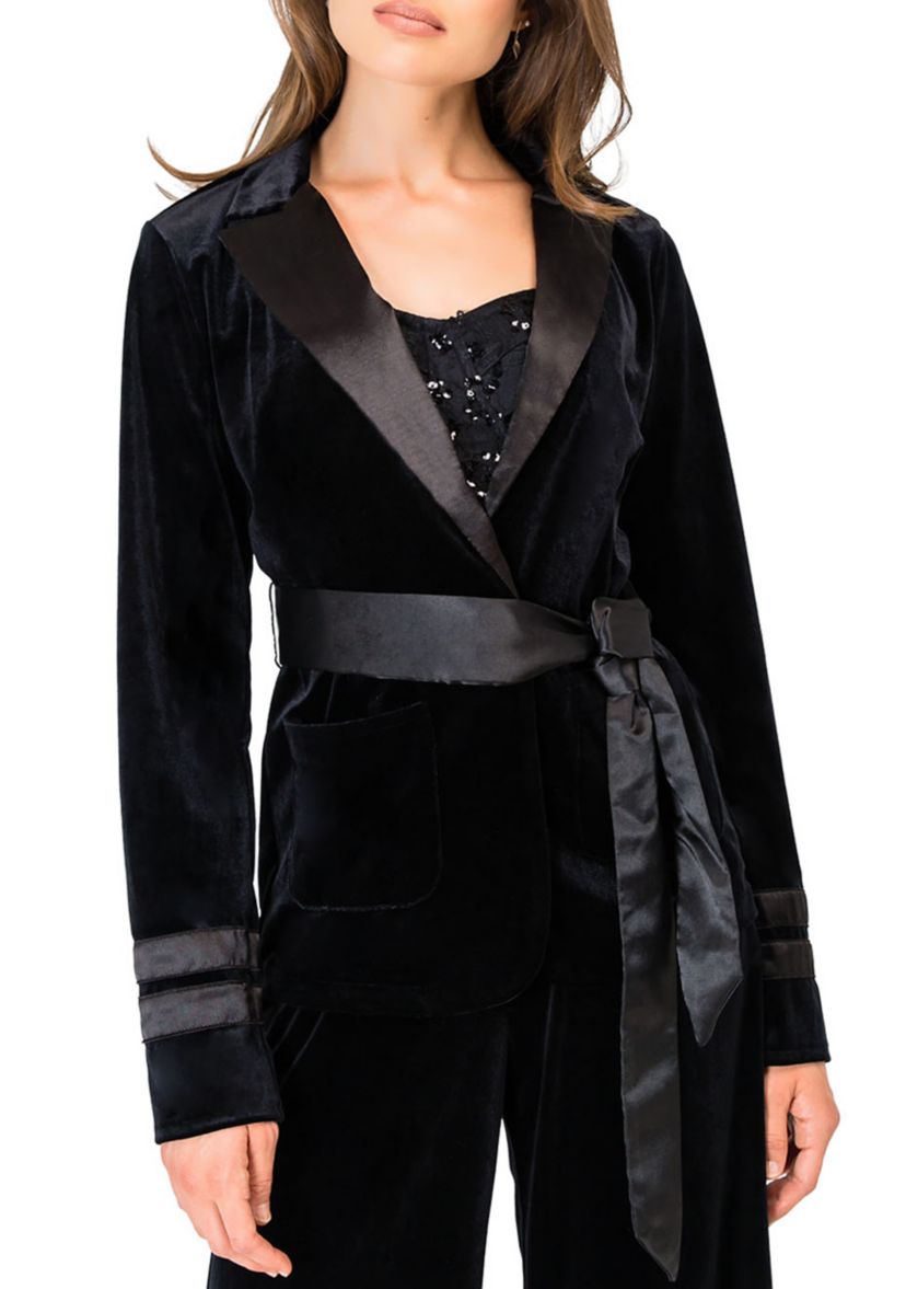 Womens Lottie Stretch Velvet Wrap Smoking Jacket with Satin Lapel and Satin Belt