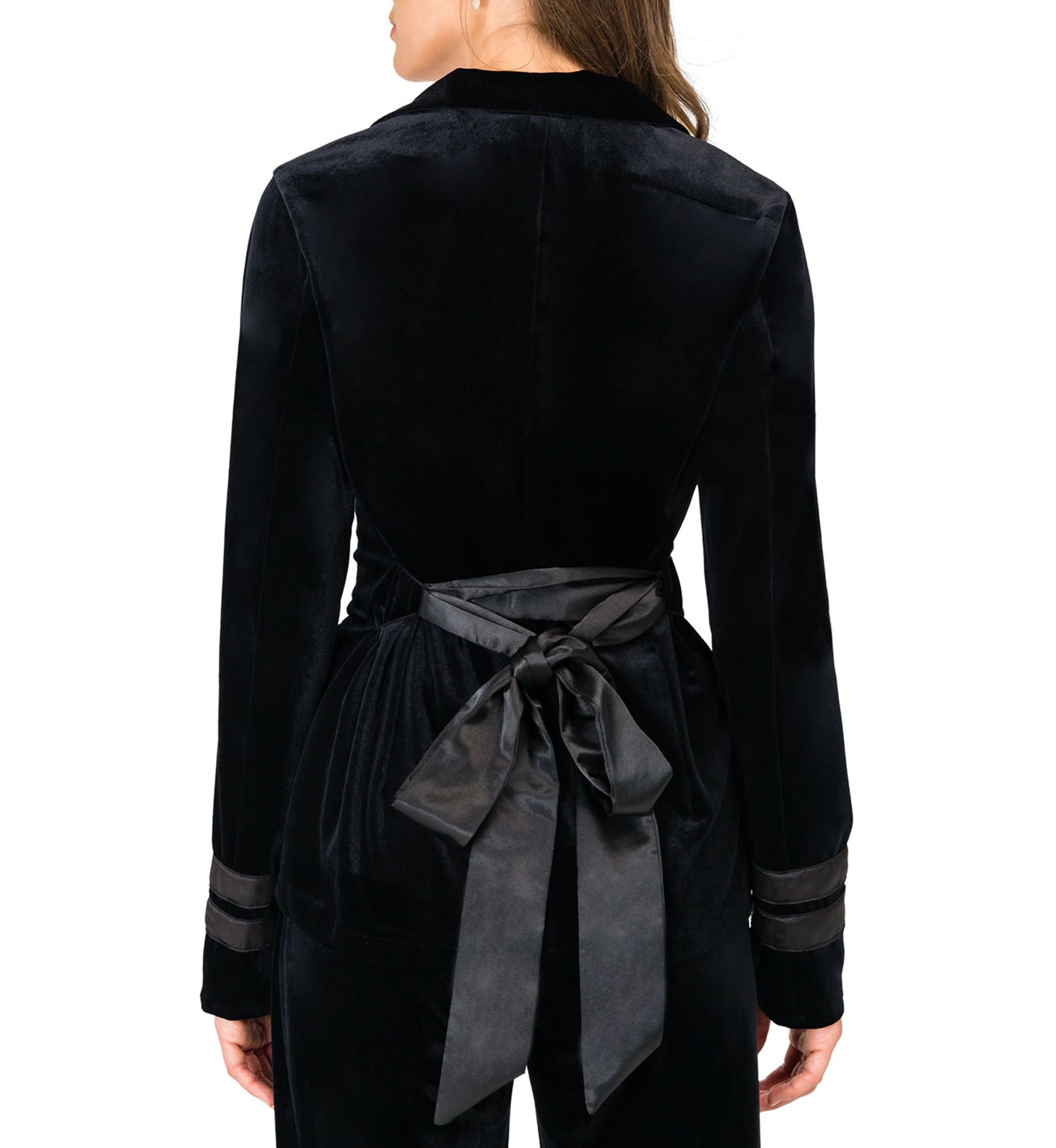 Womens Lottie Stretch Velvet Wrap Smoking Jacket with Satin Lapel and Satin Belt