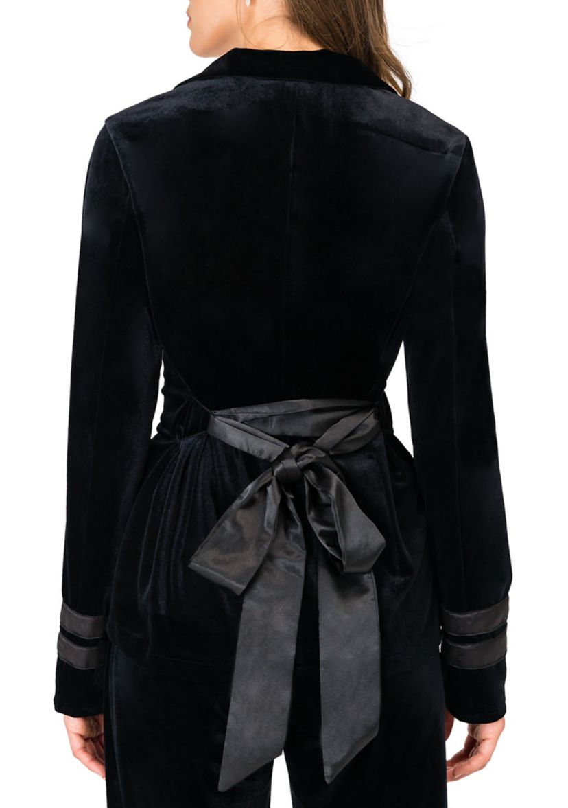 Womens Lottie Stretch Velvet Wrap Smoking Jacket with Satin Lapel and Satin Belt
