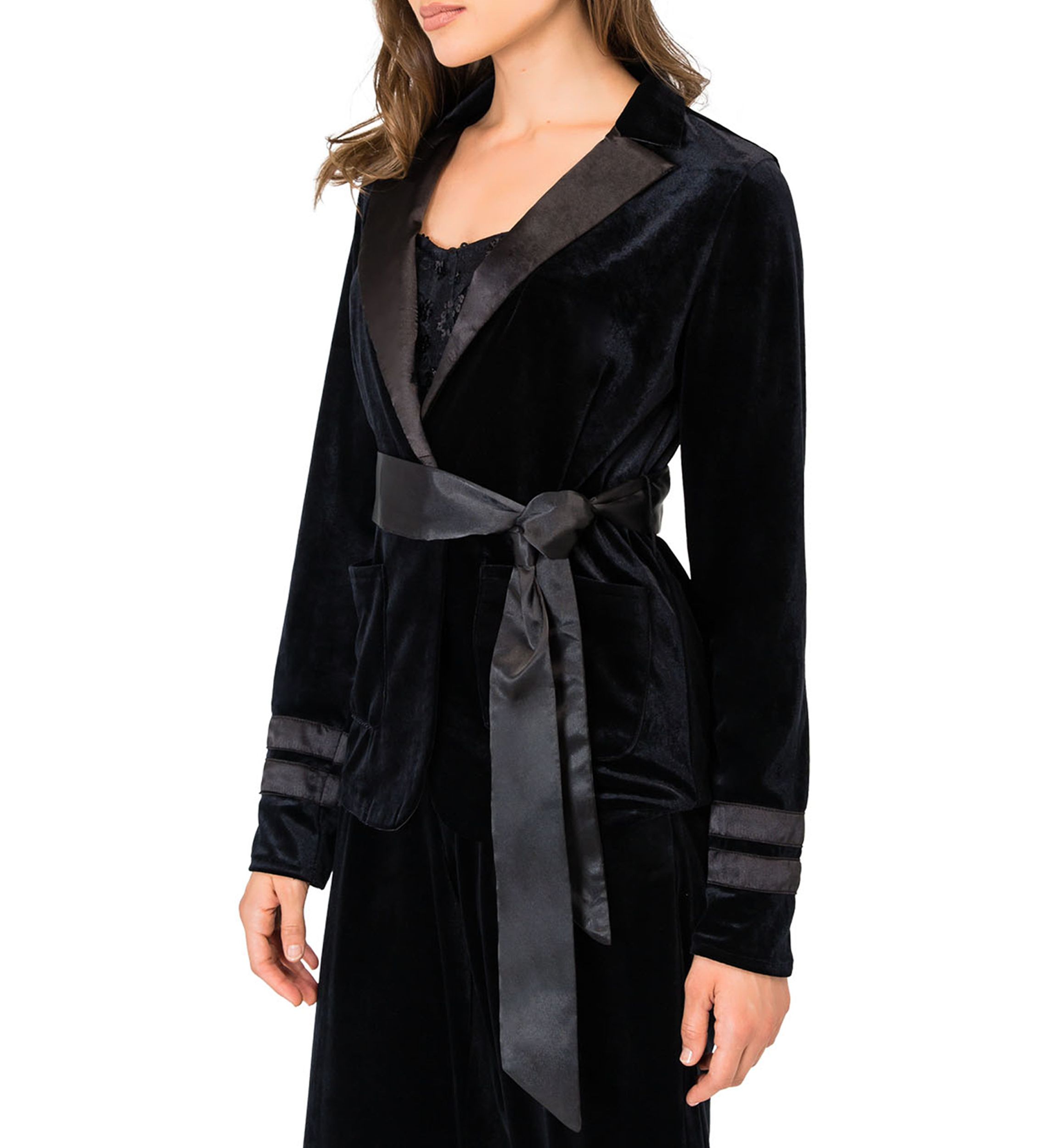 Womens Lottie Stretch Velvet Wrap Smoking Jacket with Satin Lapel and Satin Belt