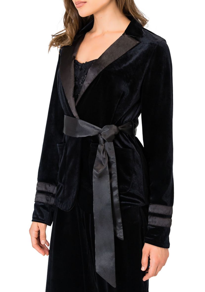 Womens Lottie Stretch Velvet Wrap Smoking Jacket with Satin Lapel and Satin Belt