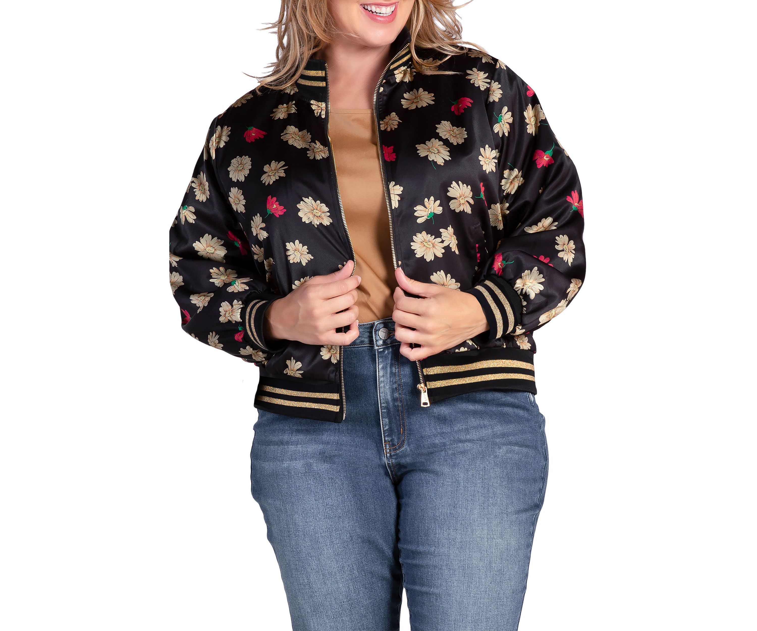 Cropped Floral Print Bomber Jacket