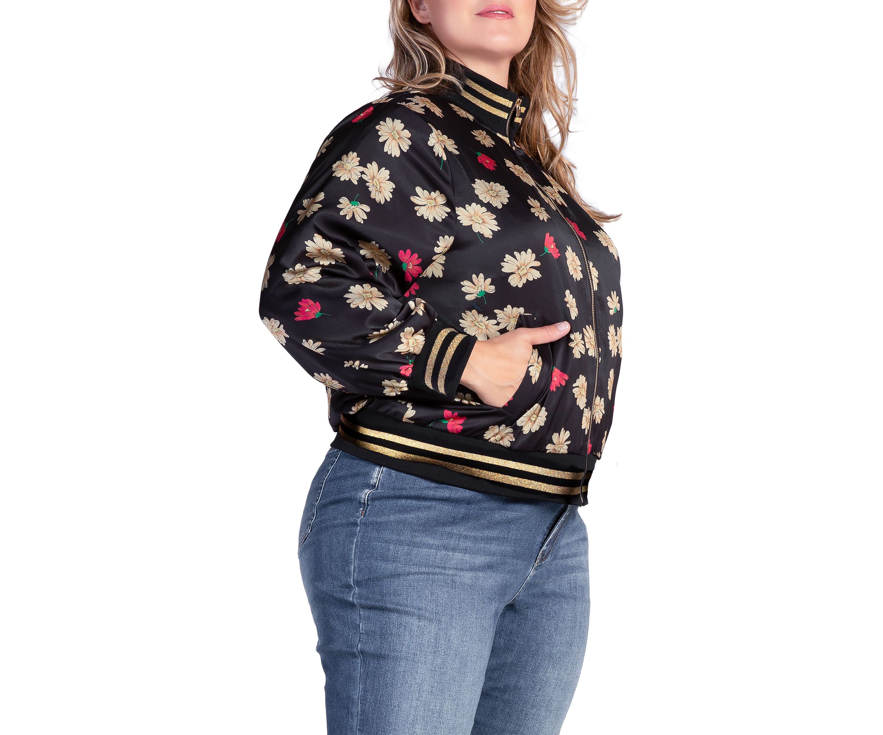 Cropped Floral Print Bomber Jacket