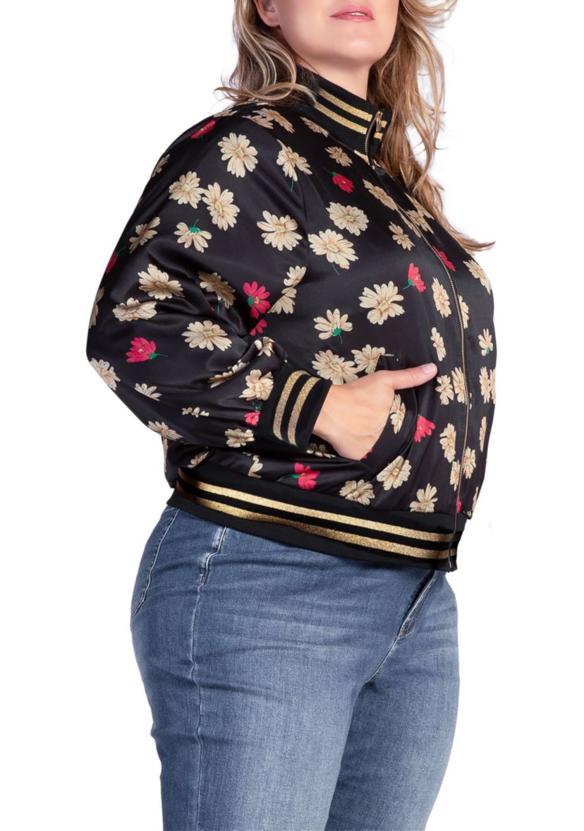 Cropped Floral Print Bomber Jacket