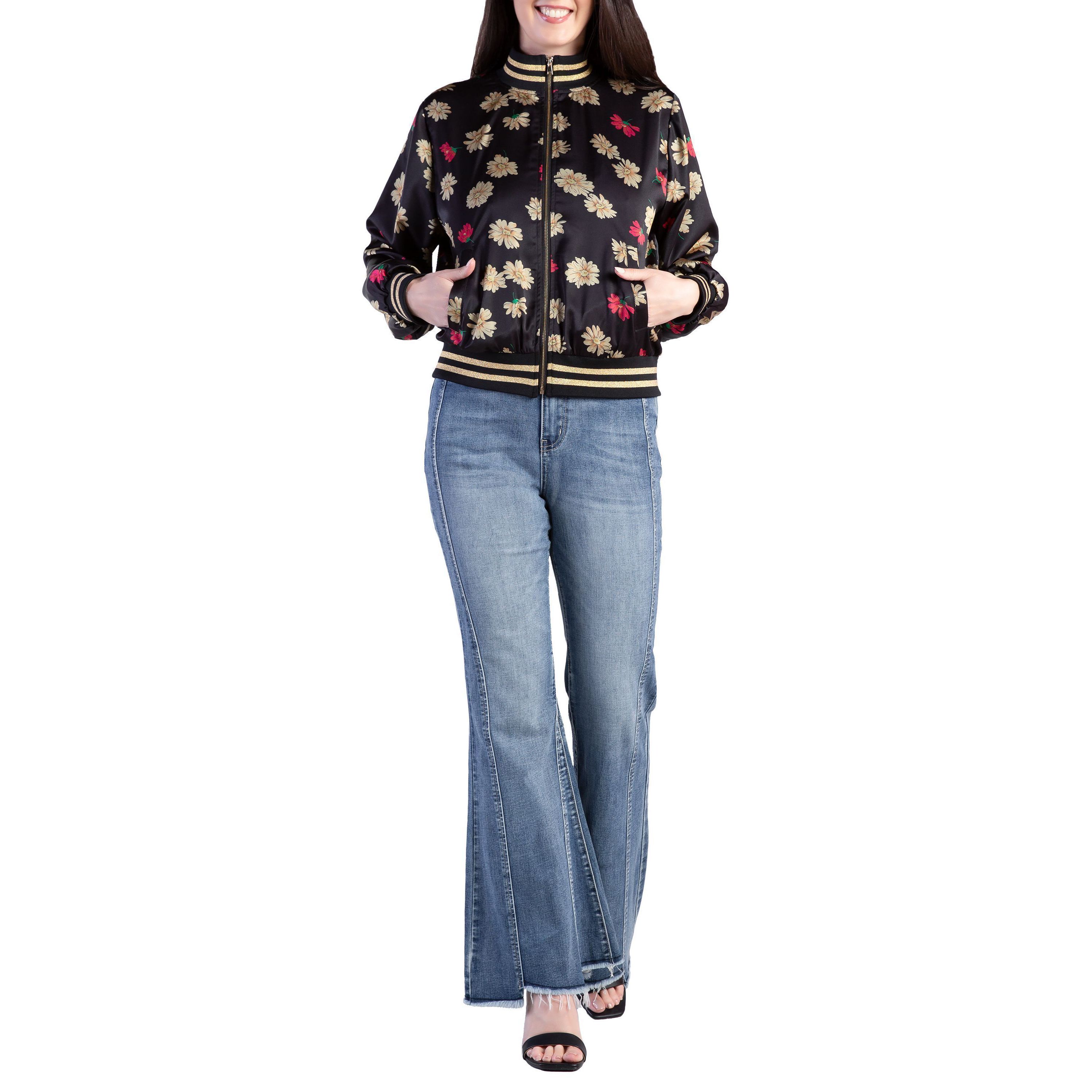 Cropped Floral Print Bomber Jacket
