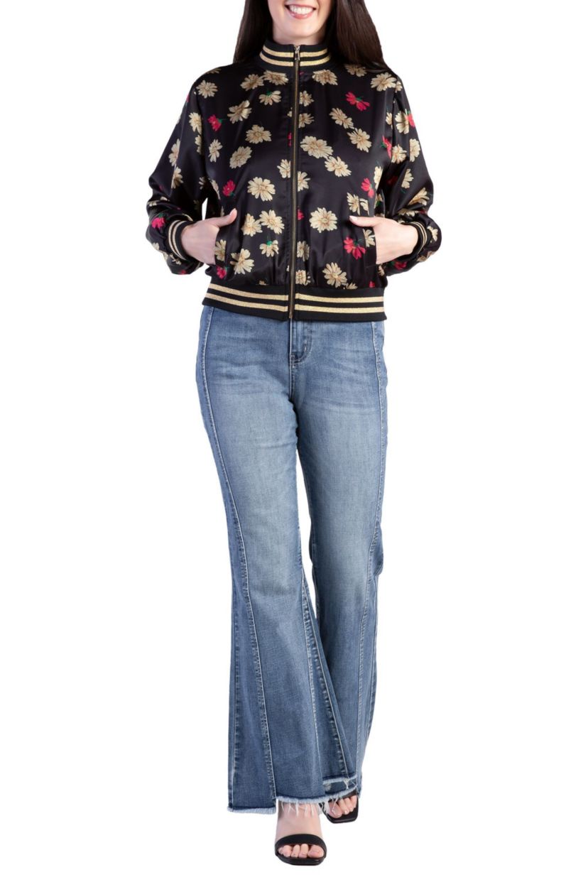 Cropped Floral Print Bomber Jacket