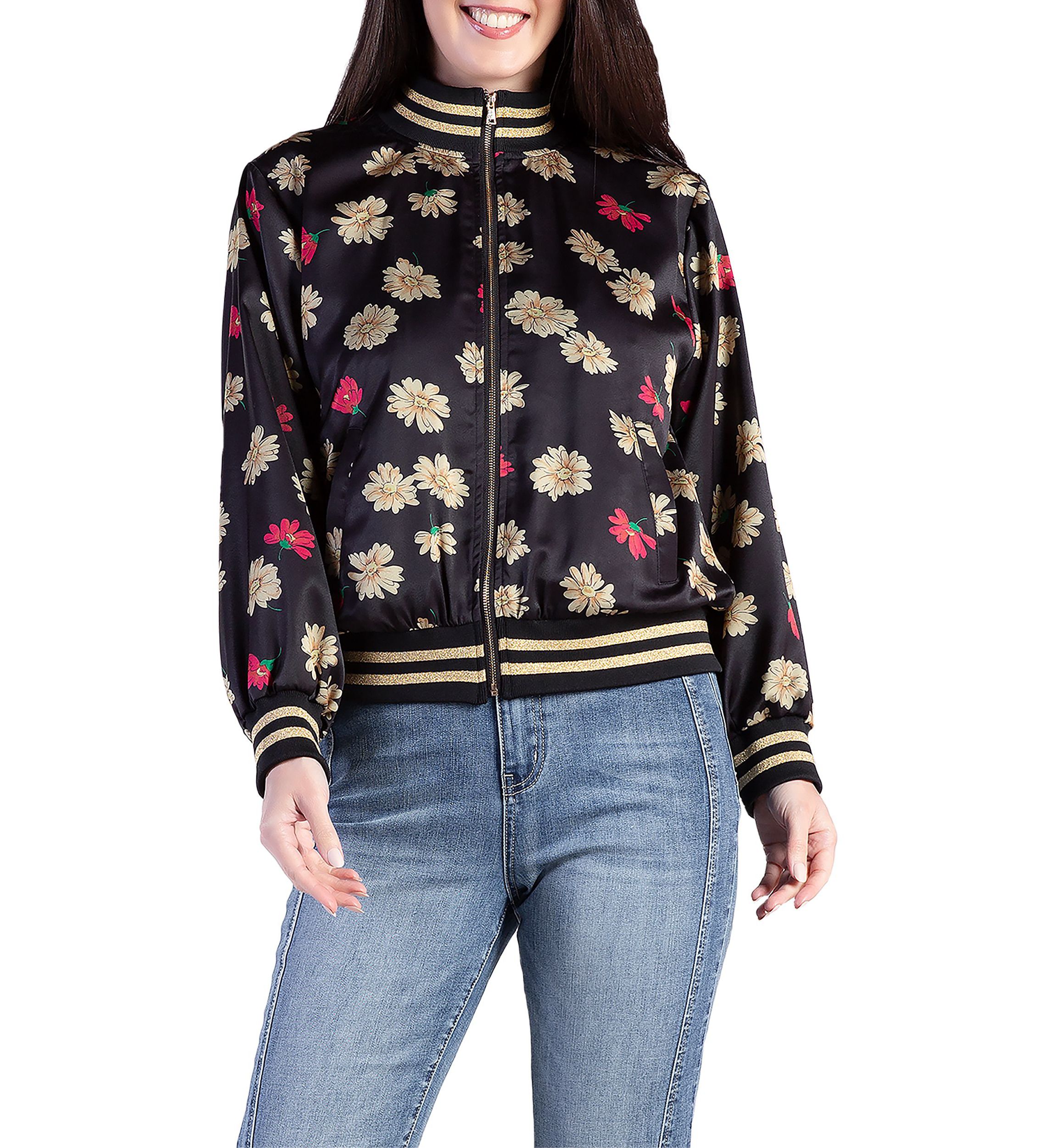 Cropped Floral Print Bomber Jacket