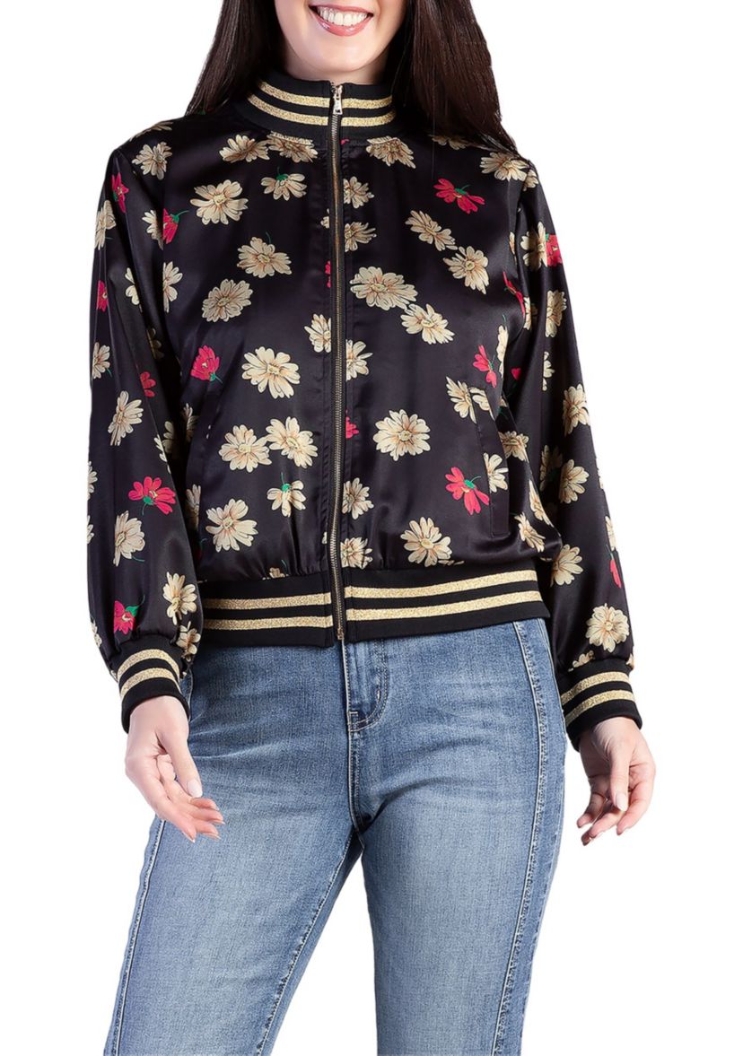 Cropped Floral Print Bomber Jacket