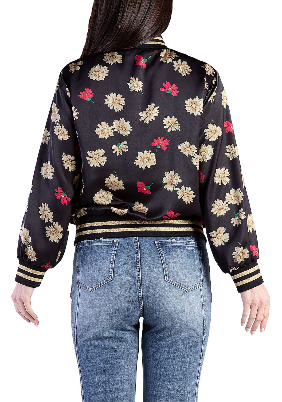 Cropped Floral Print Bomber Jacket