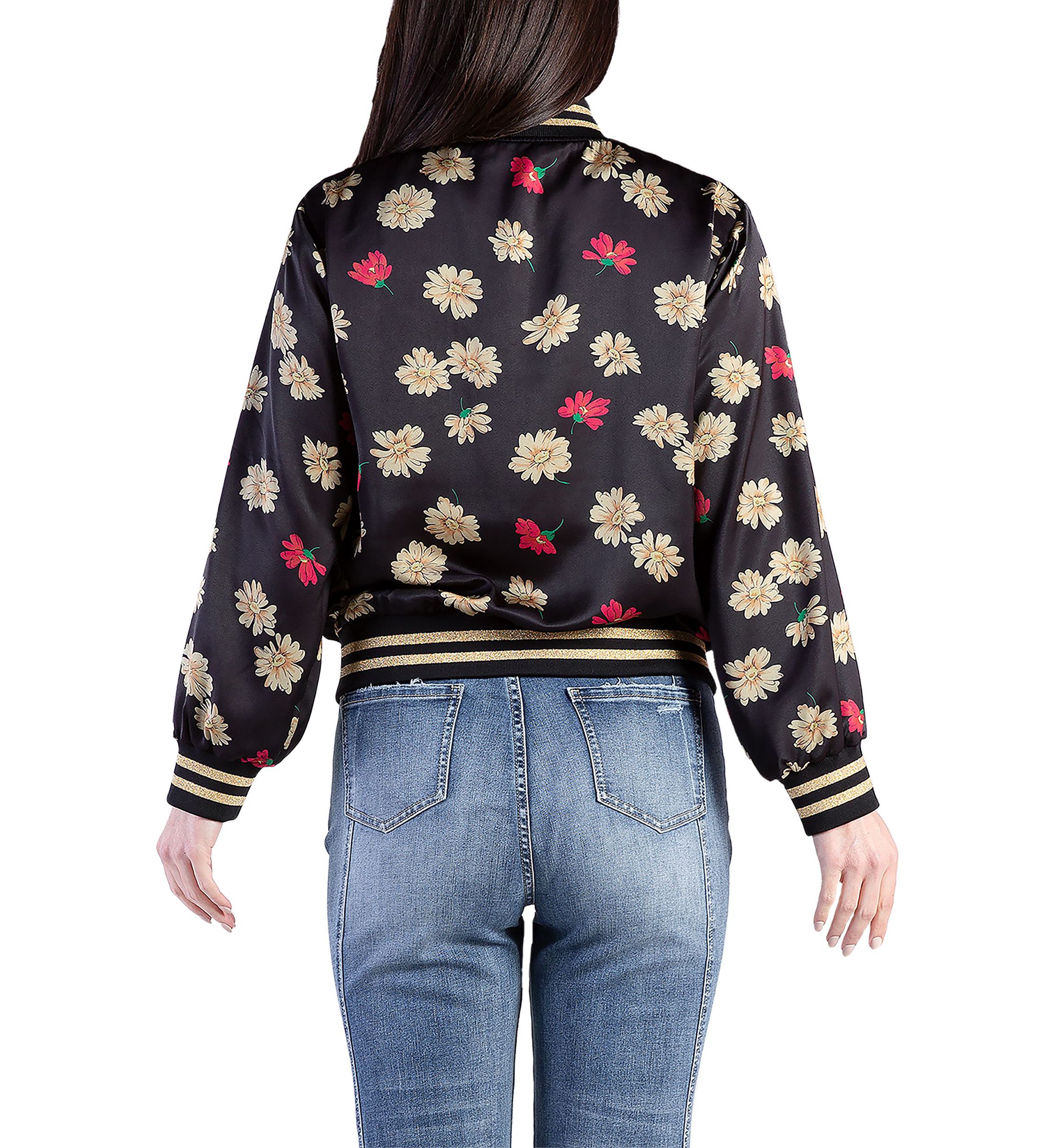 Cropped Floral Print Bomber Jacket
