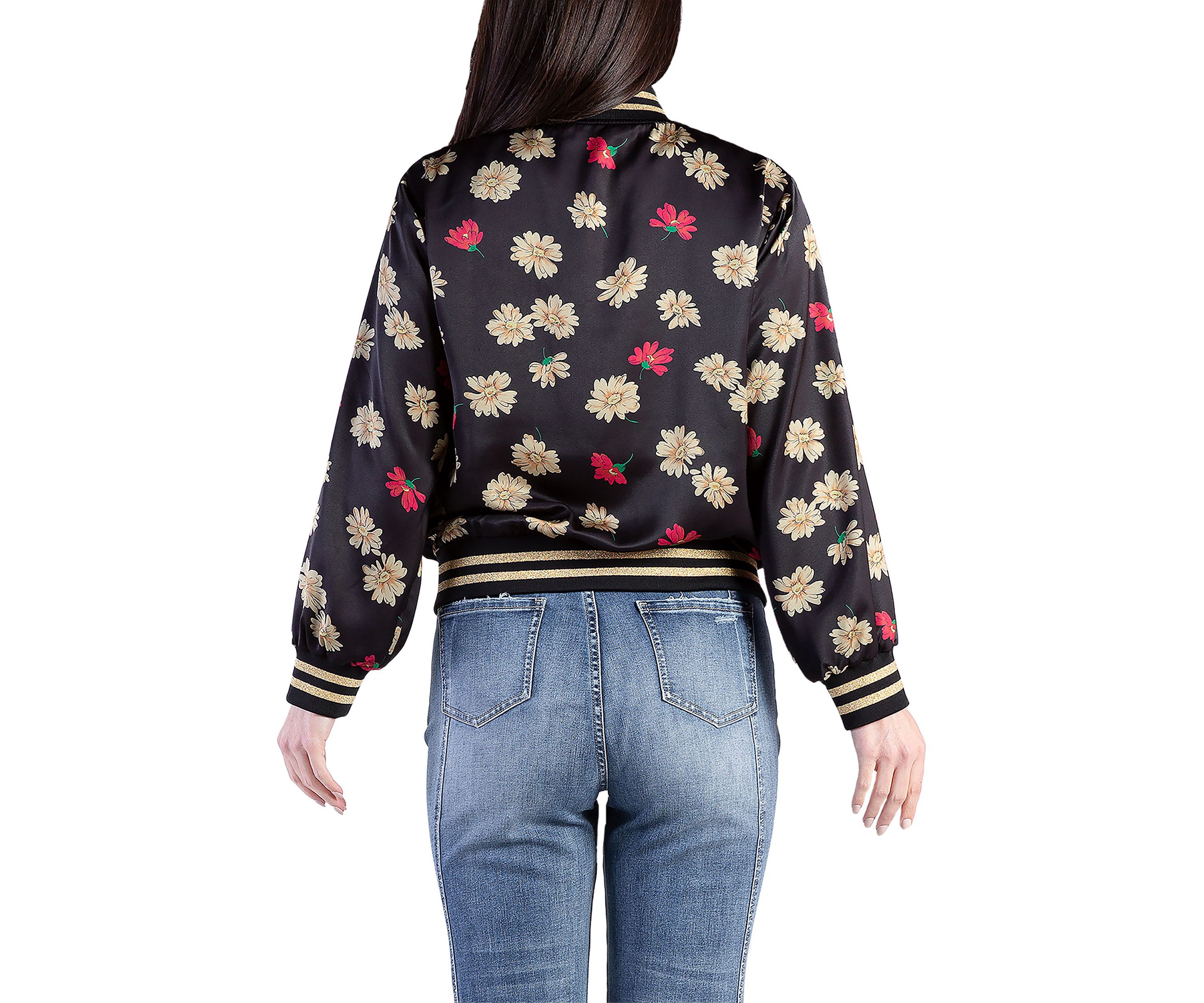 Cropped Floral Print Bomber Jacket