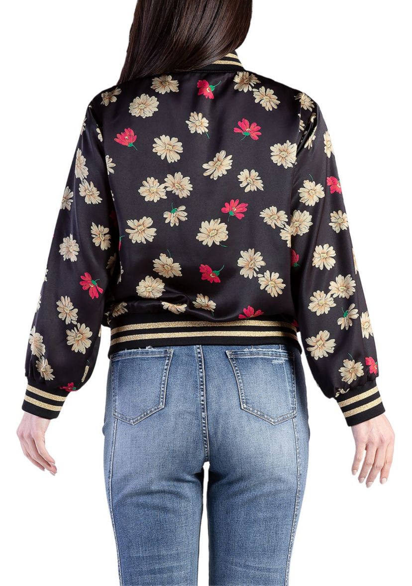 Cropped Floral Print Bomber Jacket