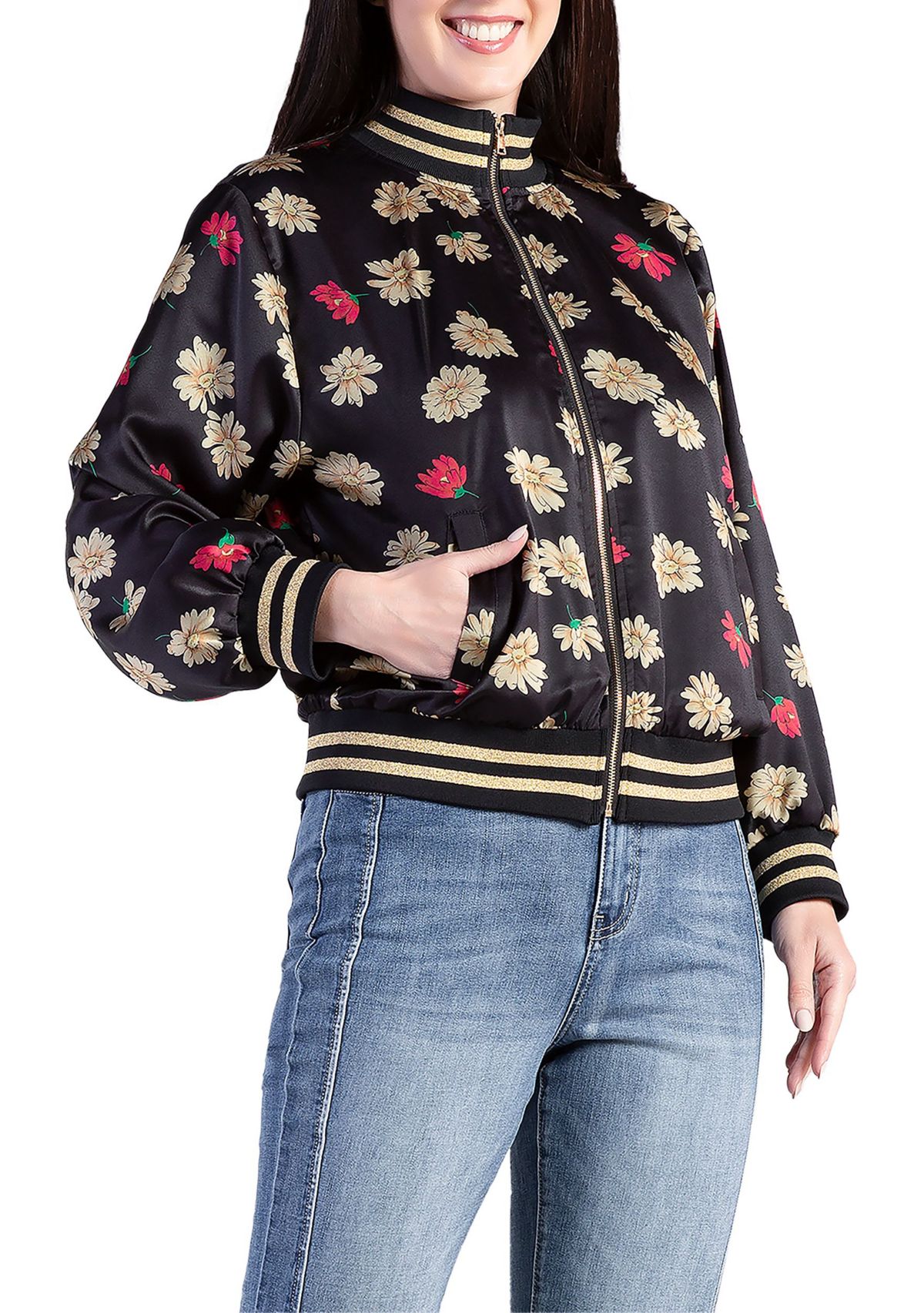 Cropped Floral Print Bomber Jacket