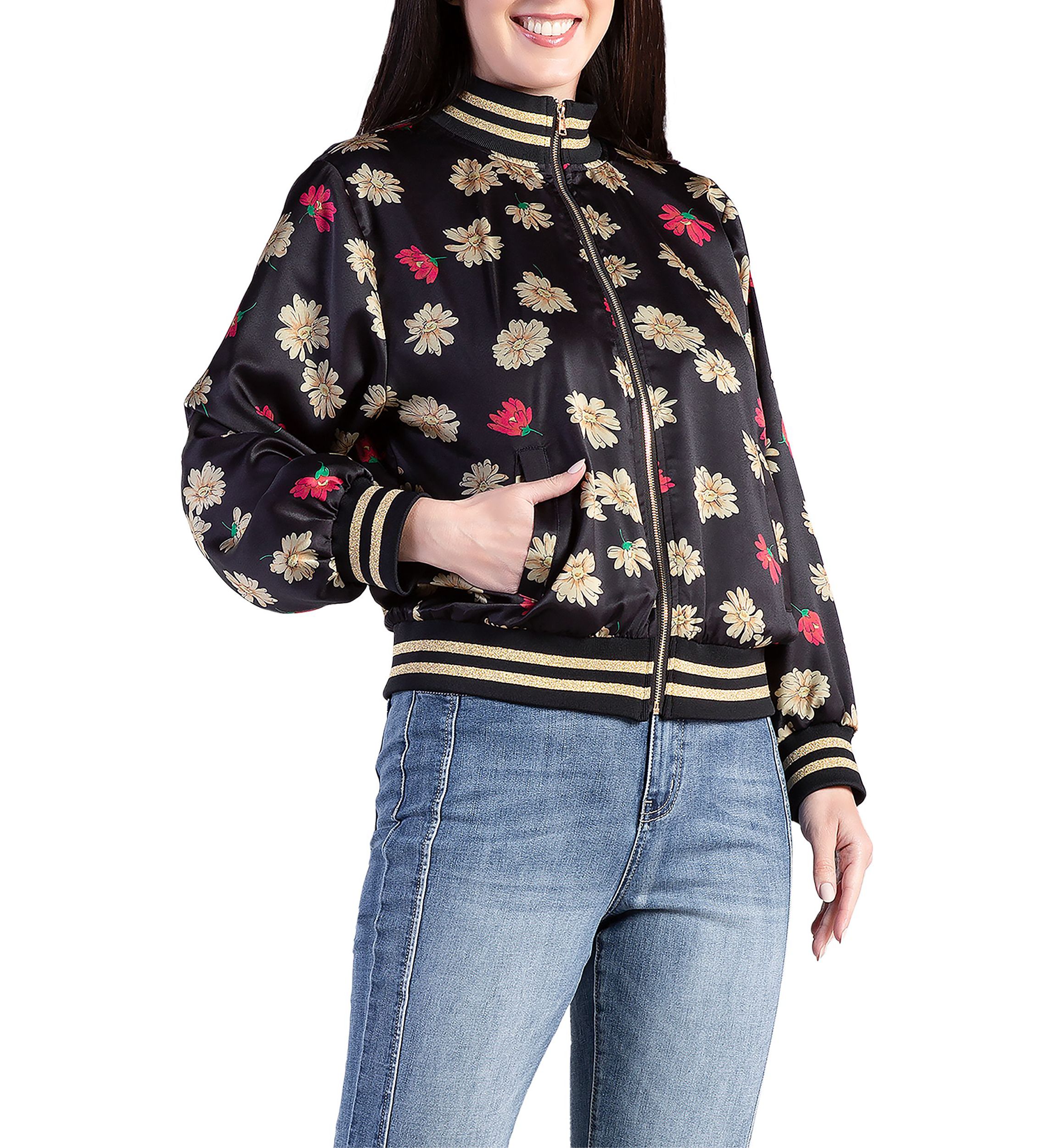 Cropped Floral Print Bomber Jacket