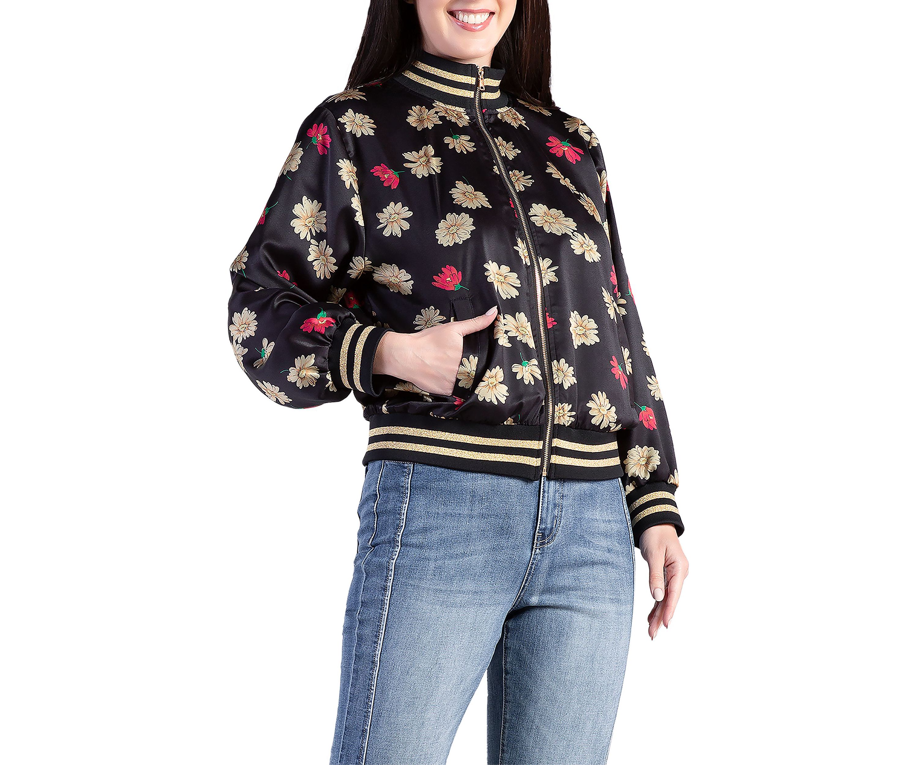 Cropped Floral Print Bomber Jacket