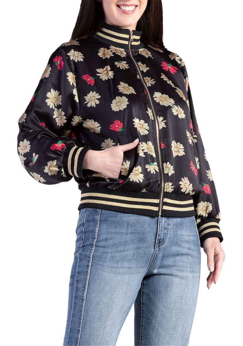 Cropped Floral Print Bomber Jacket