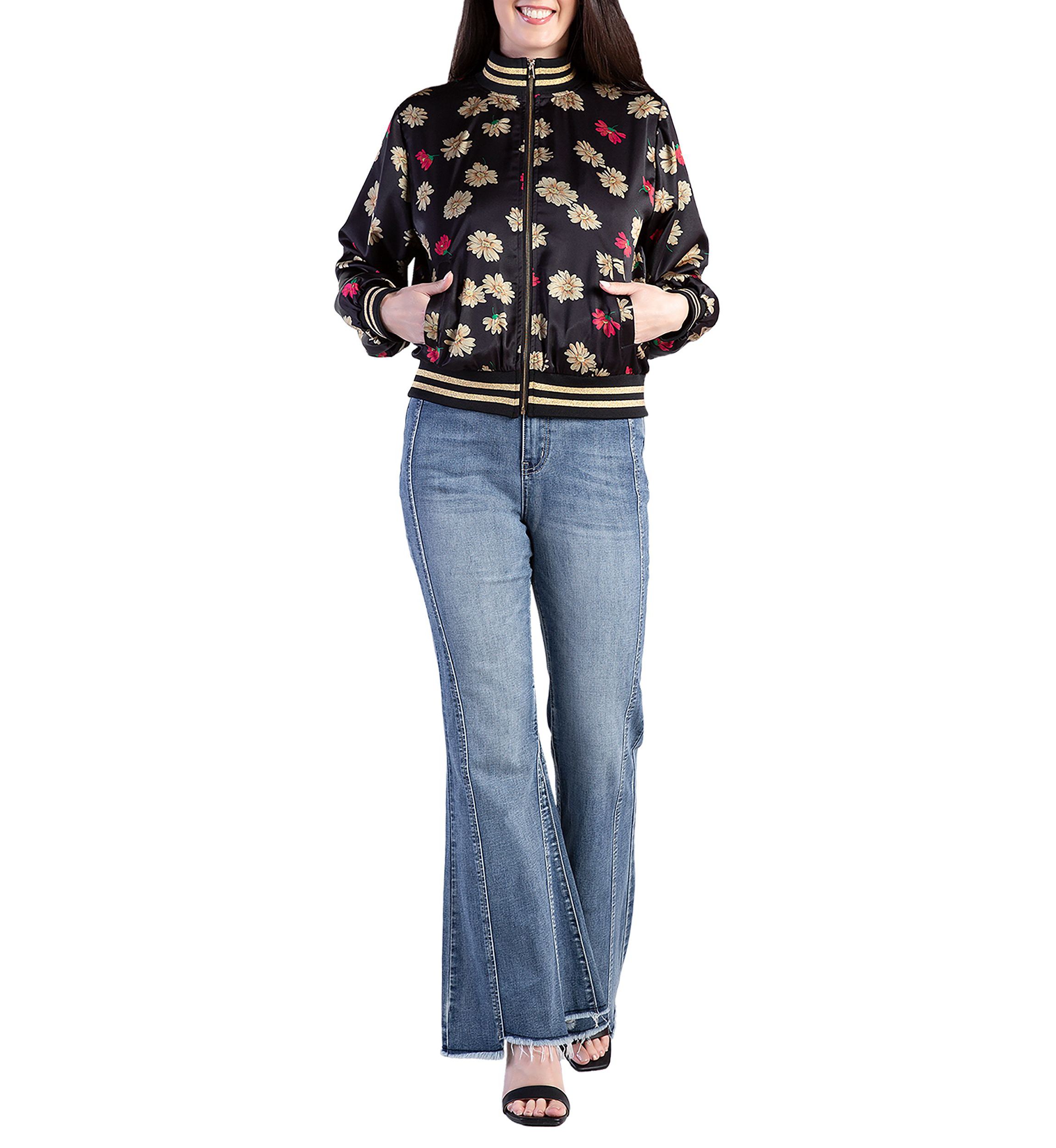 Cropped Floral Print Bomber Jacket