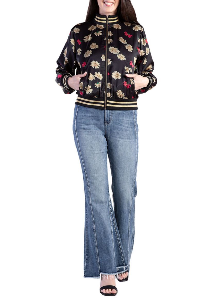 Cropped Floral Print Bomber Jacket