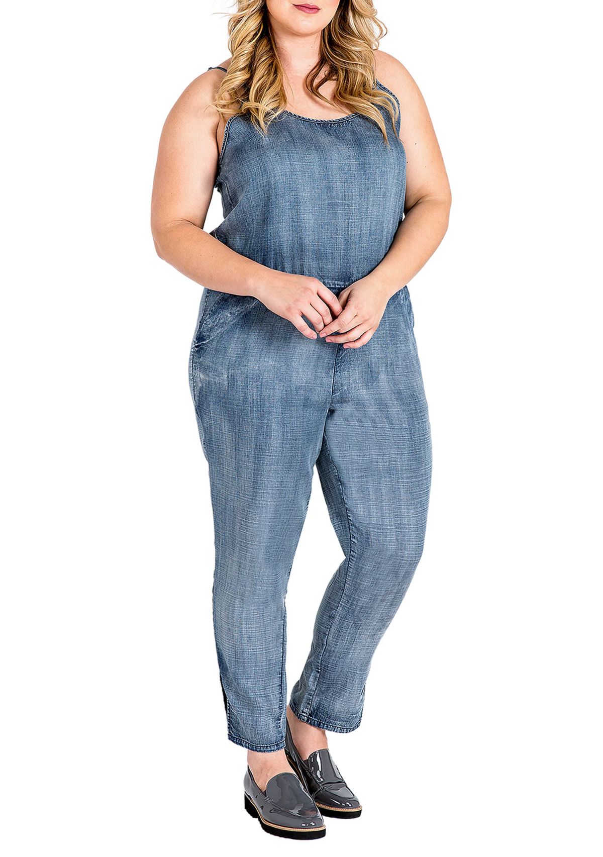 Plus Size Tapered Leg Strap Tencel Denim Jumpsuit