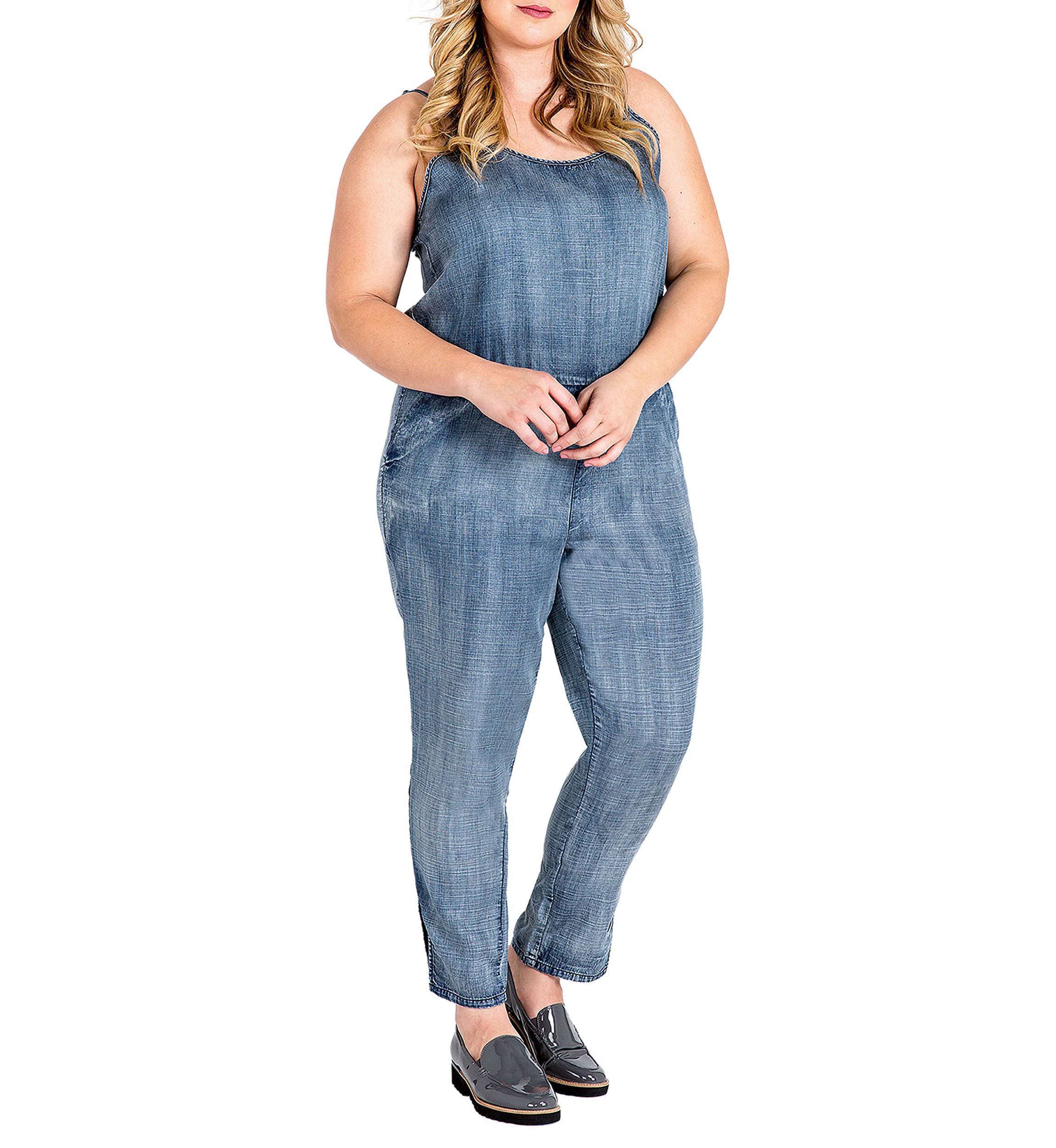 Plus Size Tapered Leg Strap Tencel Denim Jumpsuit