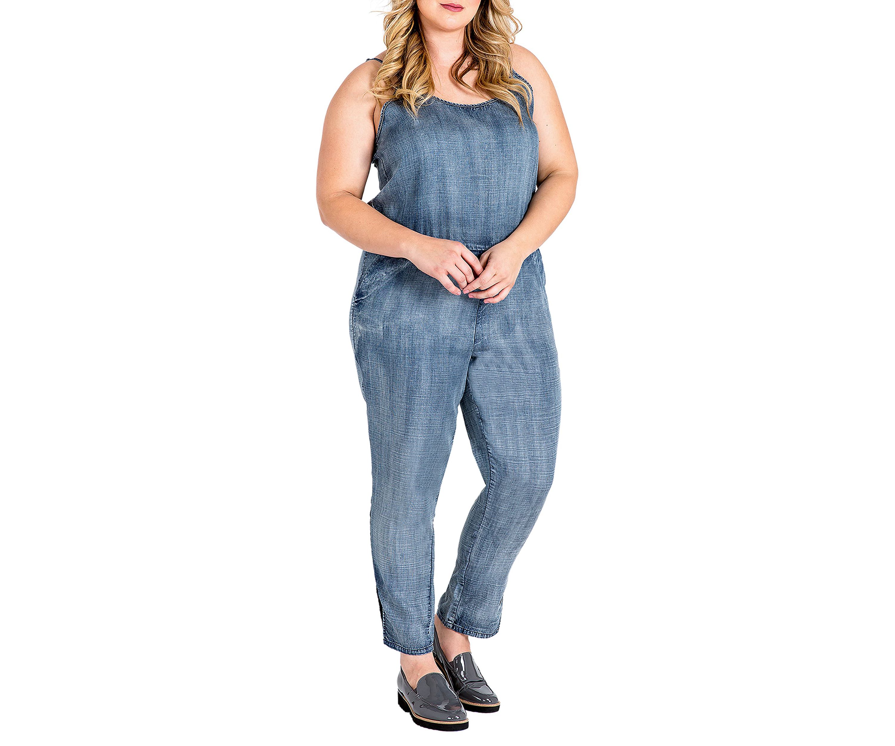 Plus Size Tapered Leg Strap Tencel Denim Jumpsuit