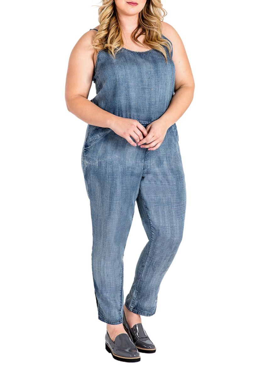 Plus Size Tapered Leg Strap Tencel Denim Jumpsuit